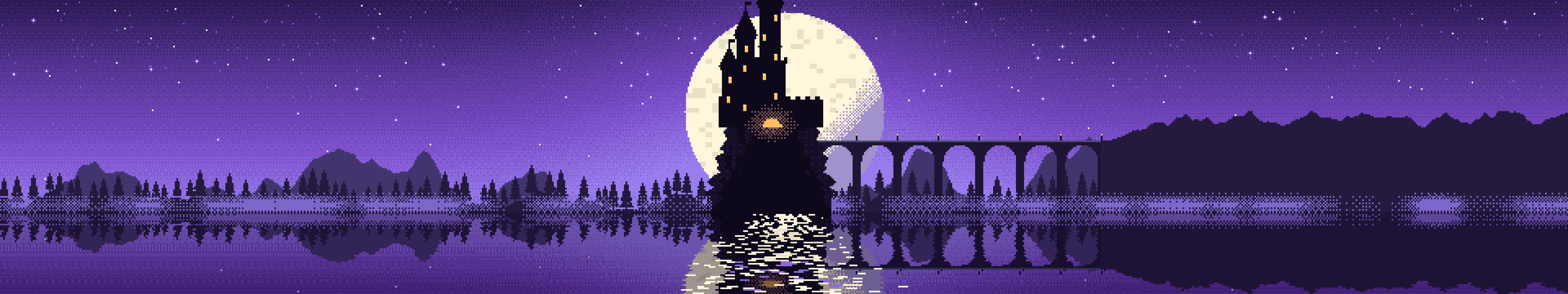 Purple Pixel Art Castle triple monitor wallpaper, 7680 × 1440