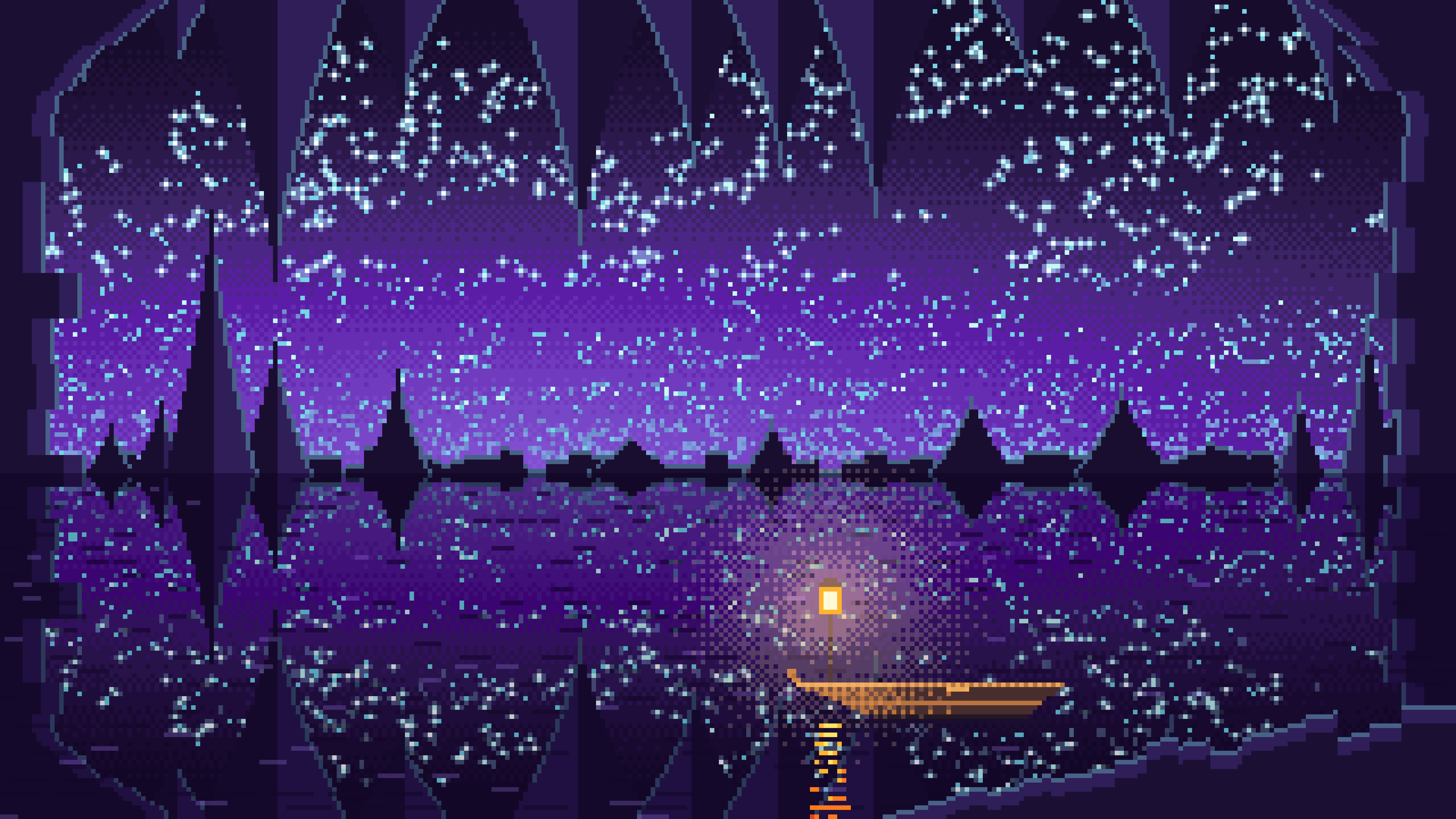 Purple Pixel Art Cave Lake desktop wallpaper in 4K