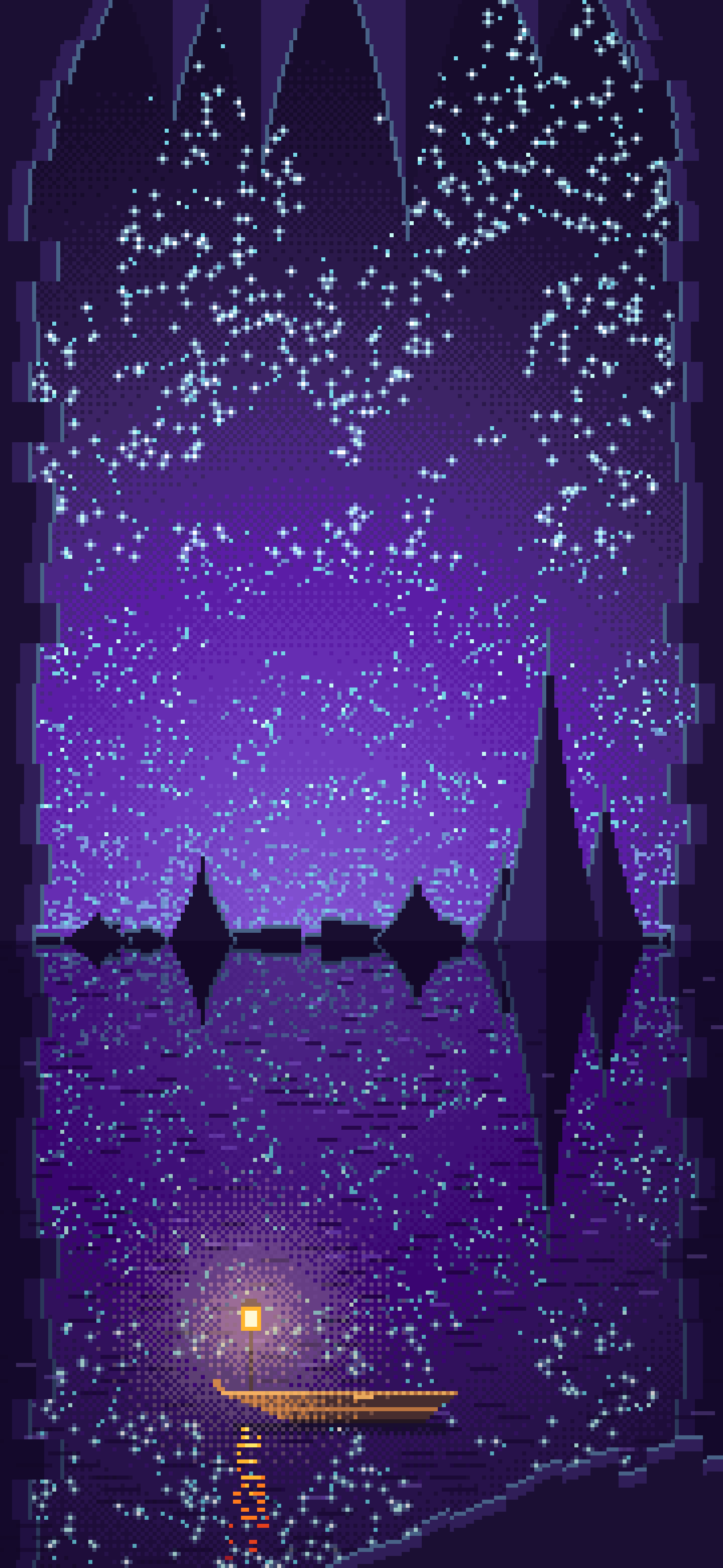 Purple Pixel Art Cave Lake wallpaper for iPhone and Android