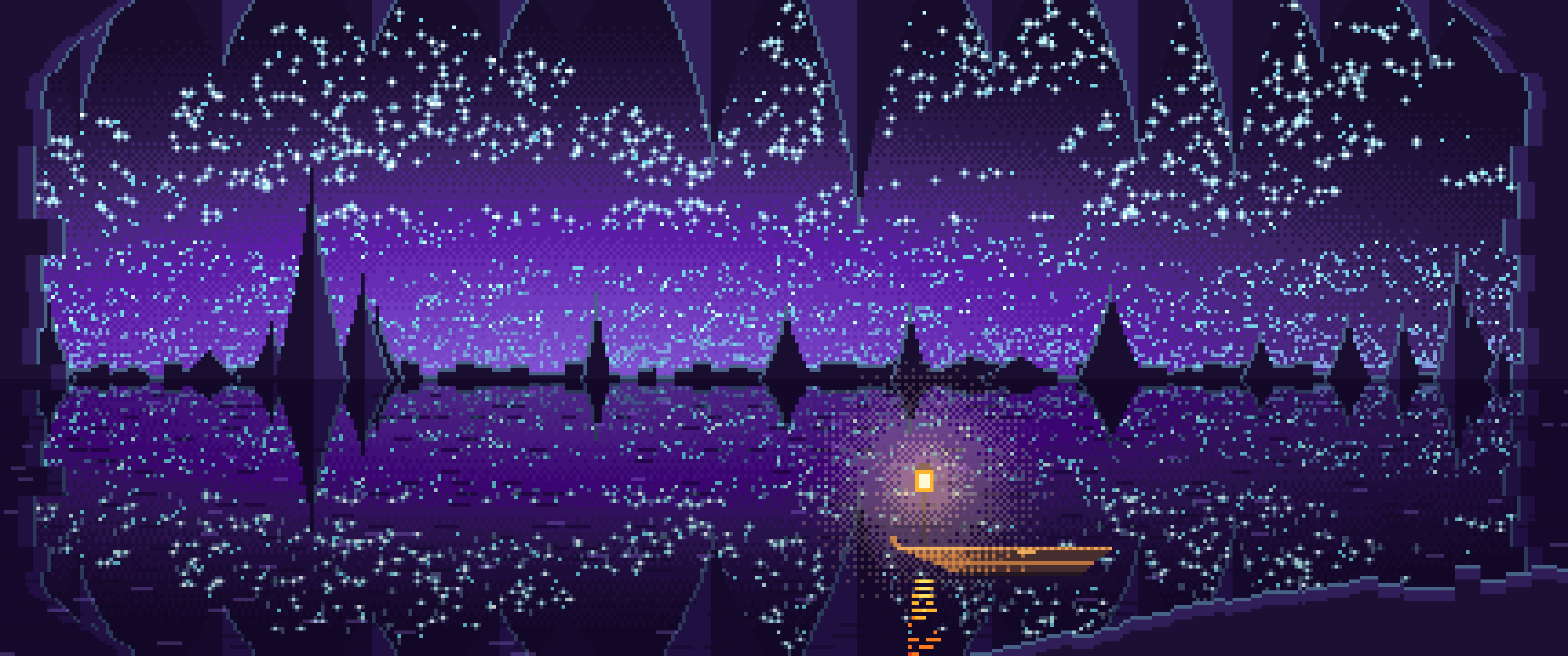 Purple Pixel Art Cave Lake ultrawide wallpaper, 3440 × 1440