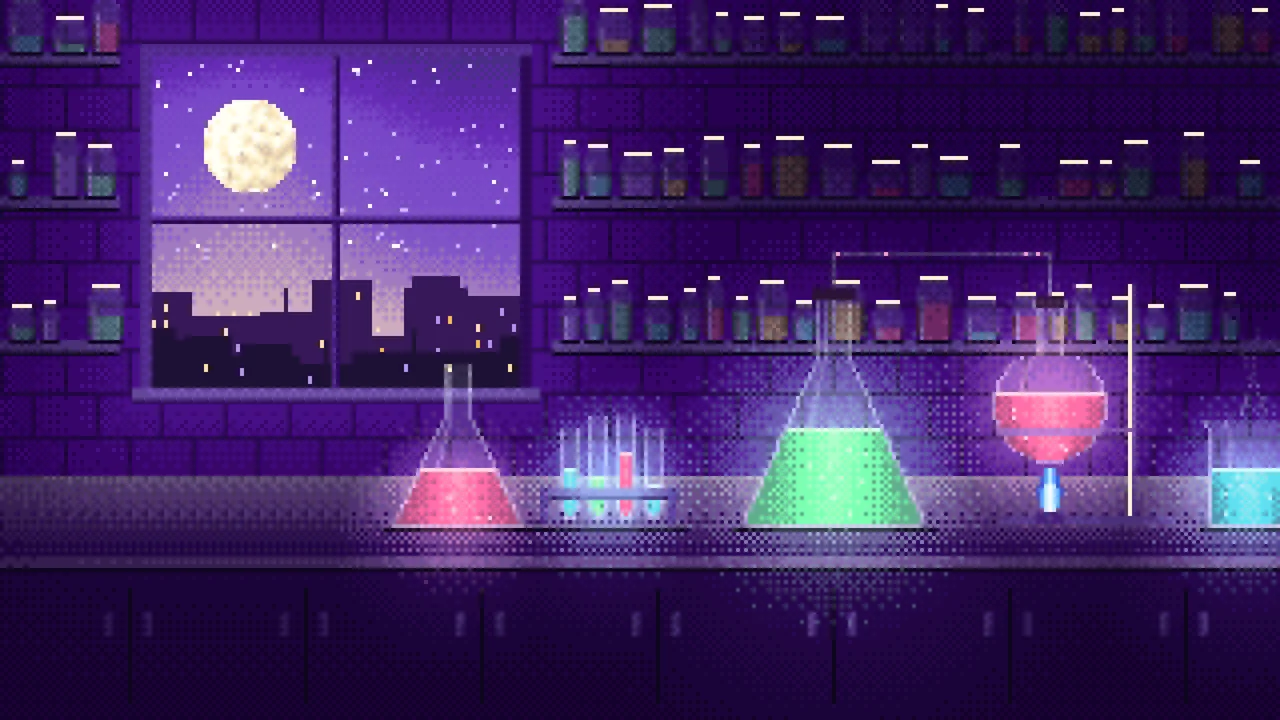 Purple Pixel Art Chemistry Lab desktop wallpaper in 4K