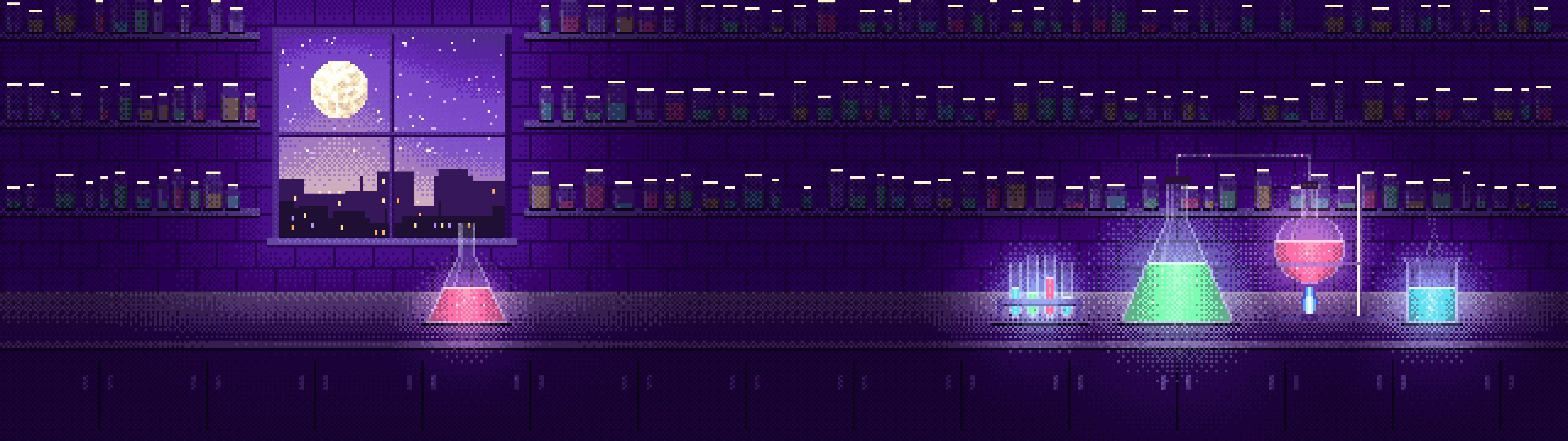 Purple Pixel Art Chemistry Lab dual monitor wallpaper, 7680 × 2160