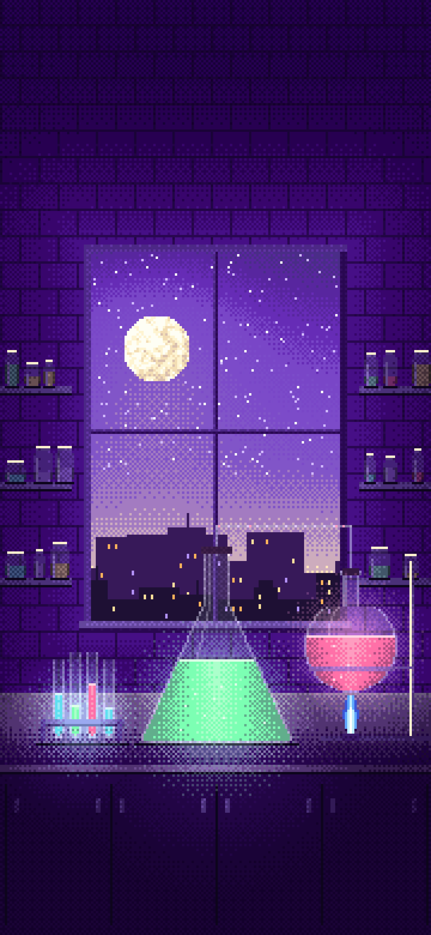 Purple Pixel Art Chemistry Lab wallpaper for iPhone and Android