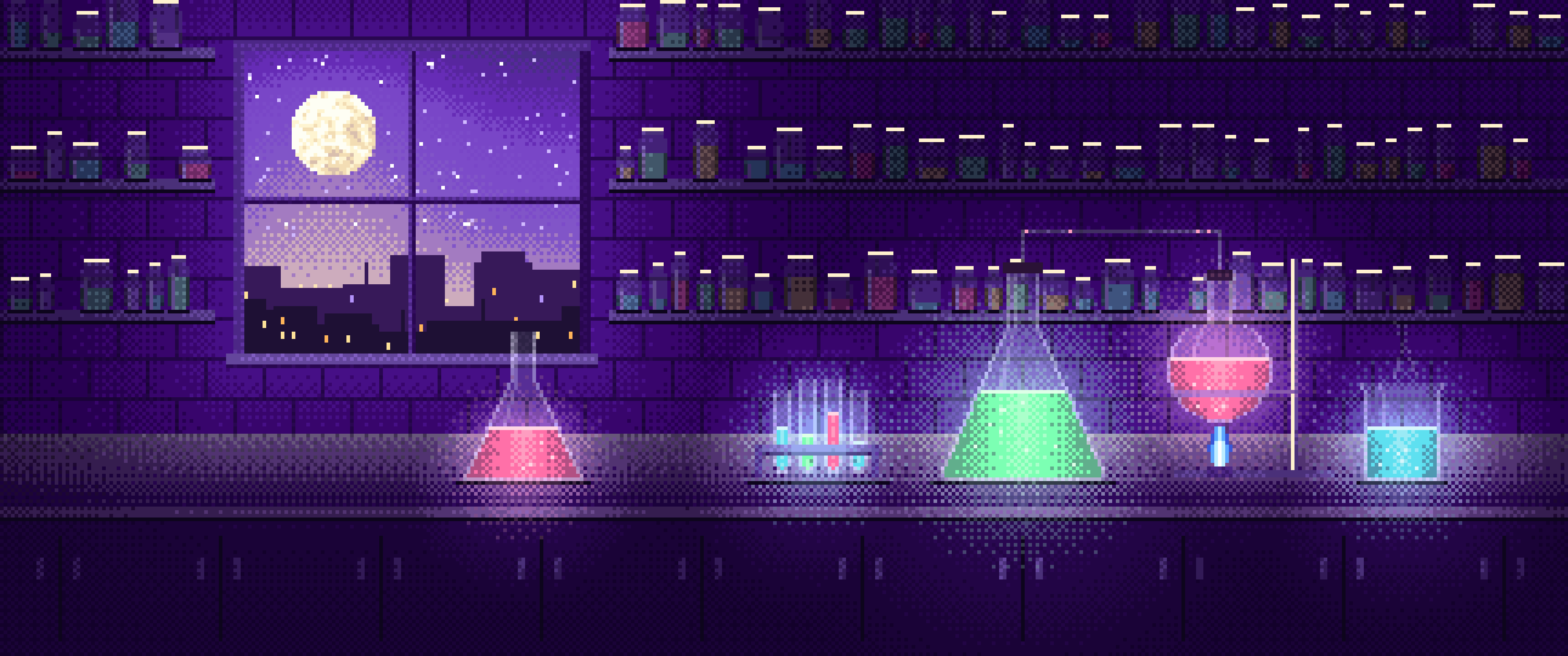 Purple Pixel Art Chemistry Lab ultrawide wallpaper, 3440 × 1440