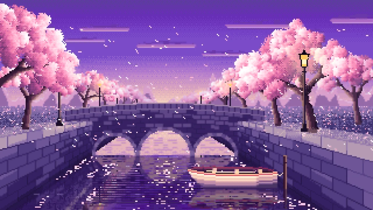 Purple Pixel Art Cherry Blossom Canal at Dusk desktop wallpaper in 4K