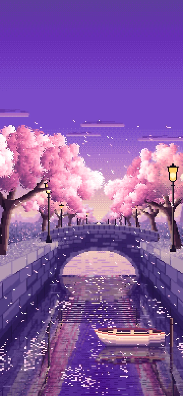 Purple Pixel Art Cherry Blossom Canal at Dusk wallpaper for iPhone and Android
