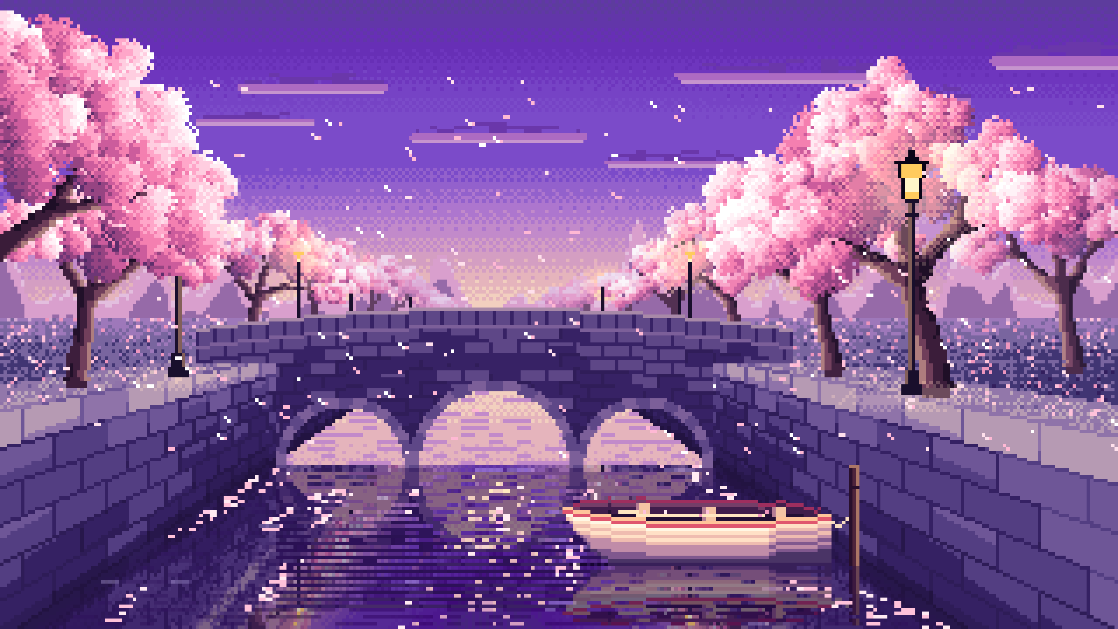 Purple Pixel Art Cherry Blossom Canal at Dusk desktop wallpaper in 4K