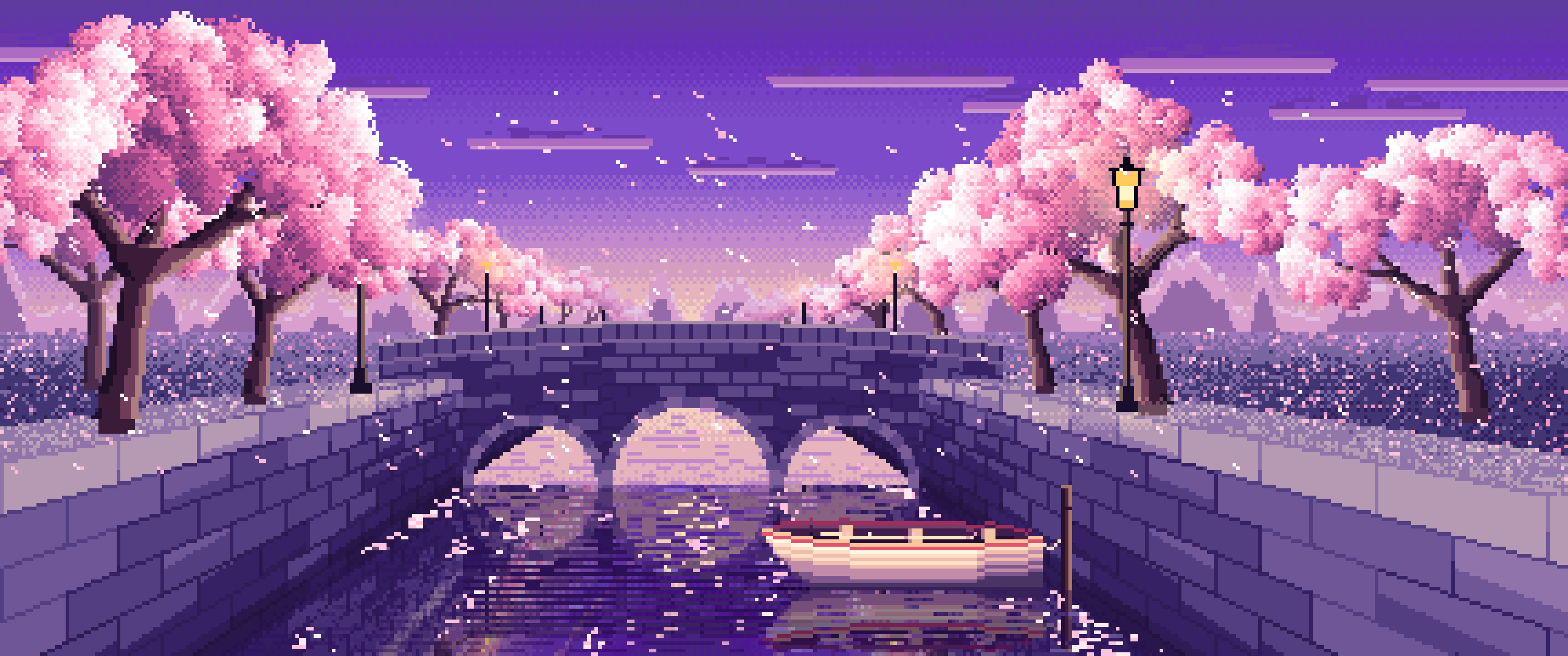 Purple Pixel Art Cherry Blossom Canal at Dusk ultrawide wallpaper, 3440 × 1440