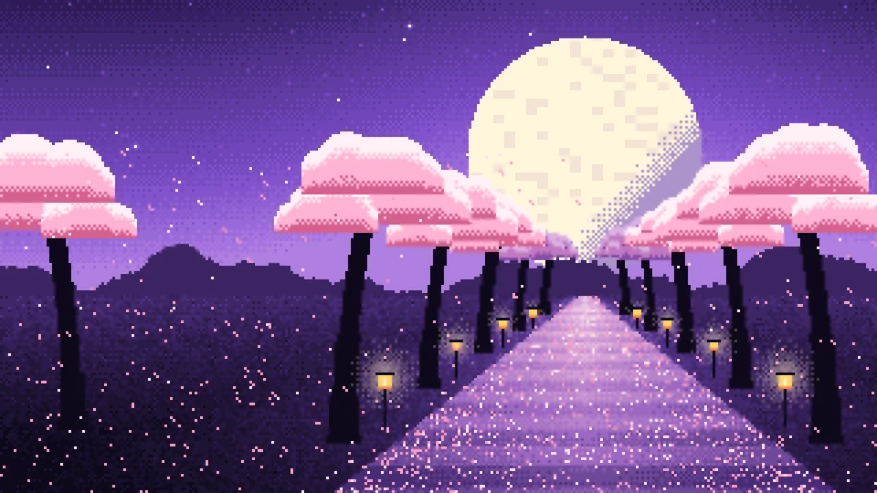 Purple Pixel Art Cherry Blossom Path desktop wallpaper in 4K