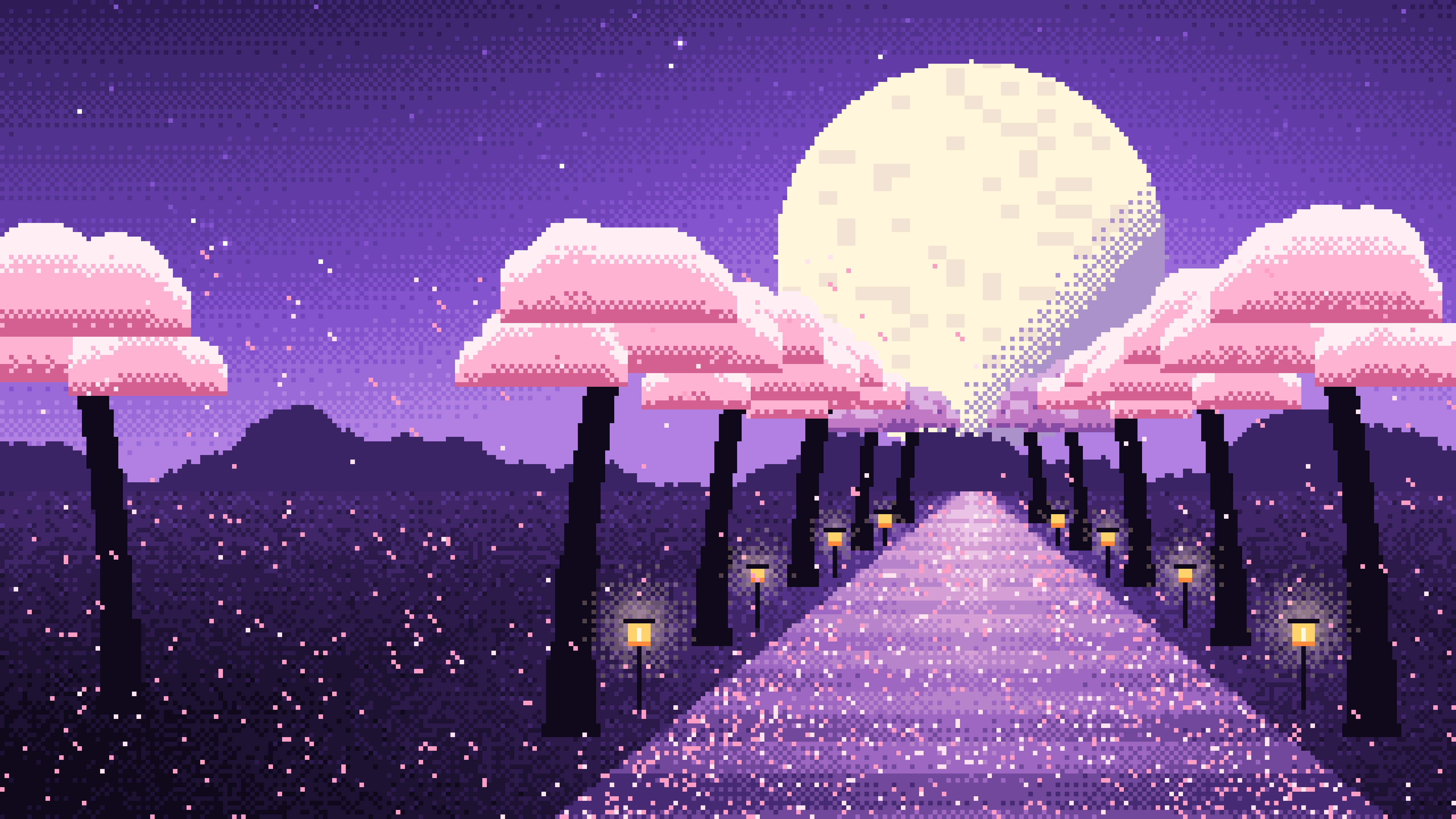Purple Pixel Art Cherry Blossom Path desktop wallpaper in 4K