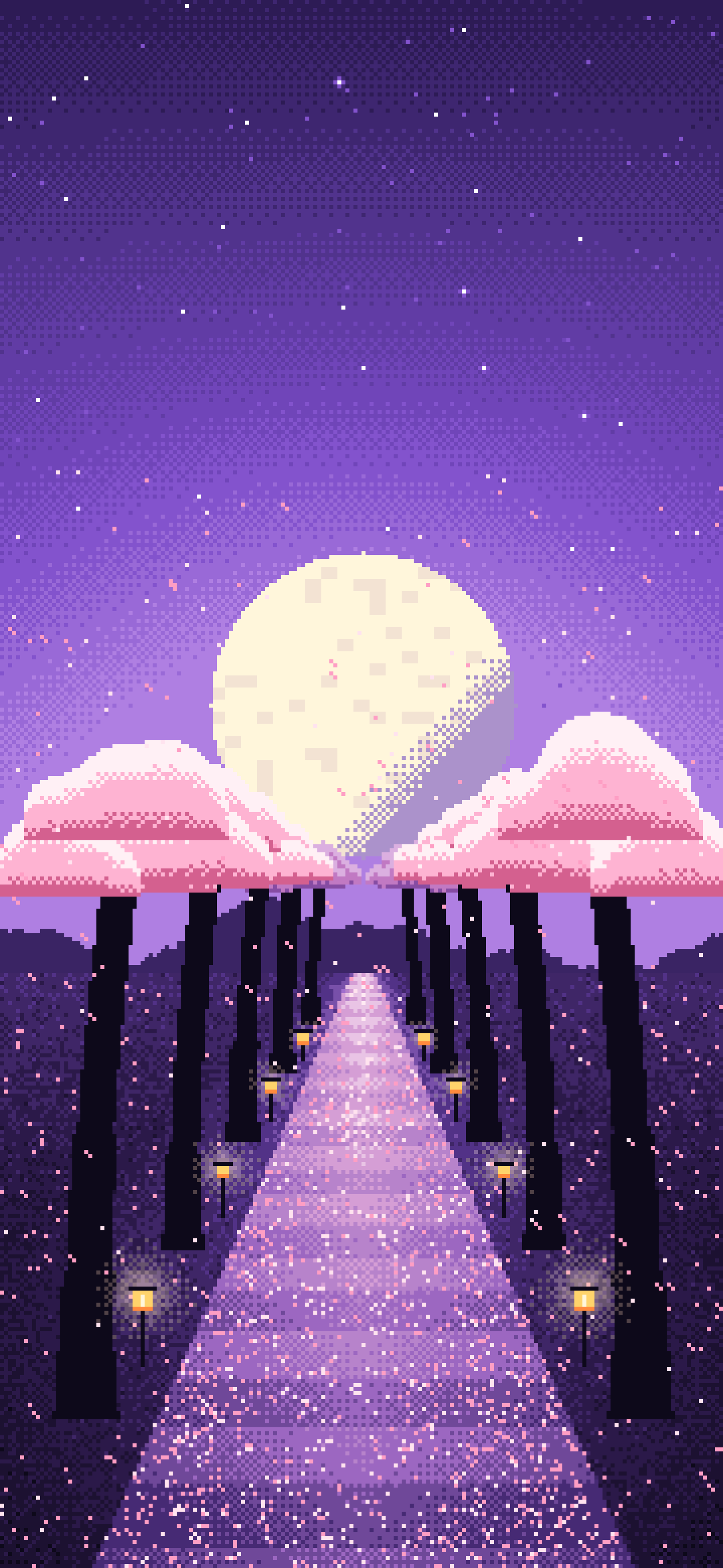 Purple Pixel Art Cherry Blossom Path wallpaper for iPhone and Android