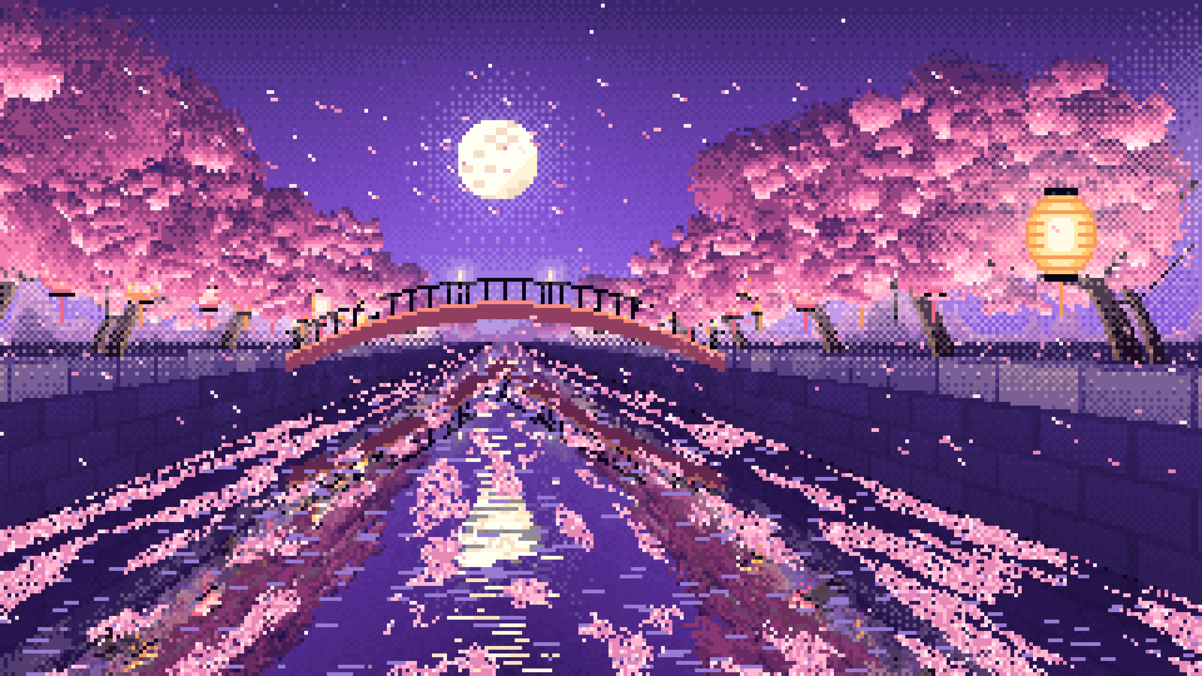 Purple Pixel Art Cherry Blossom River at Night desktop wallpaper in 4K