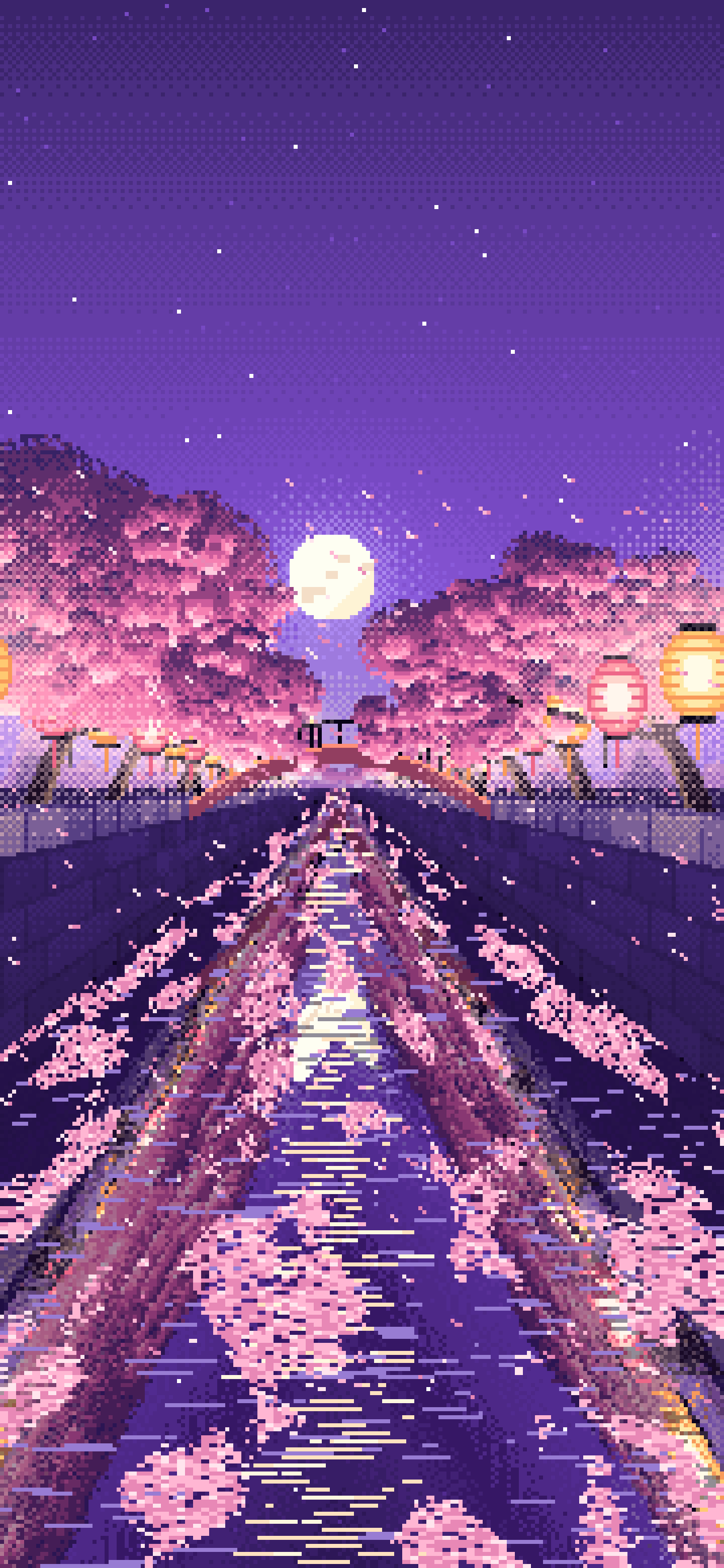 Purple Pixel Art Cherry Blossom River at Night wallpaper for iPhone and Android