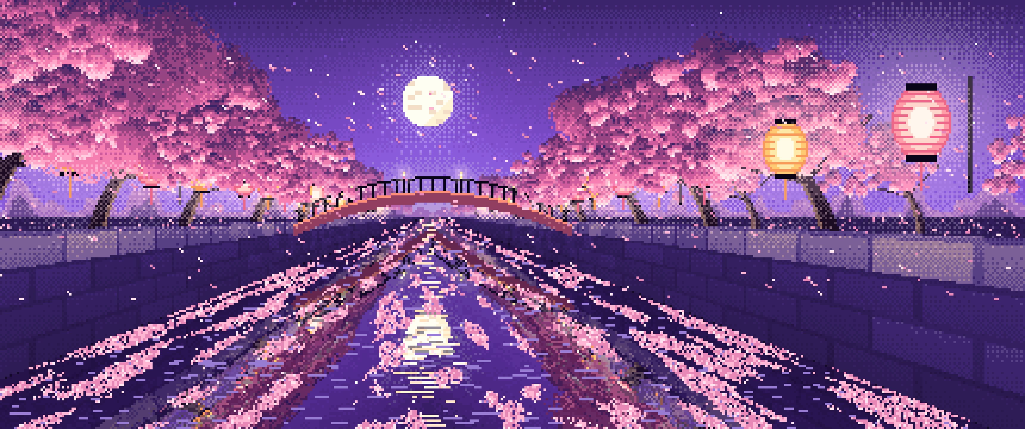 Purple Pixel Art Cherry Blossom River at Night ultrawide wallpaper, 3440 × 1440
