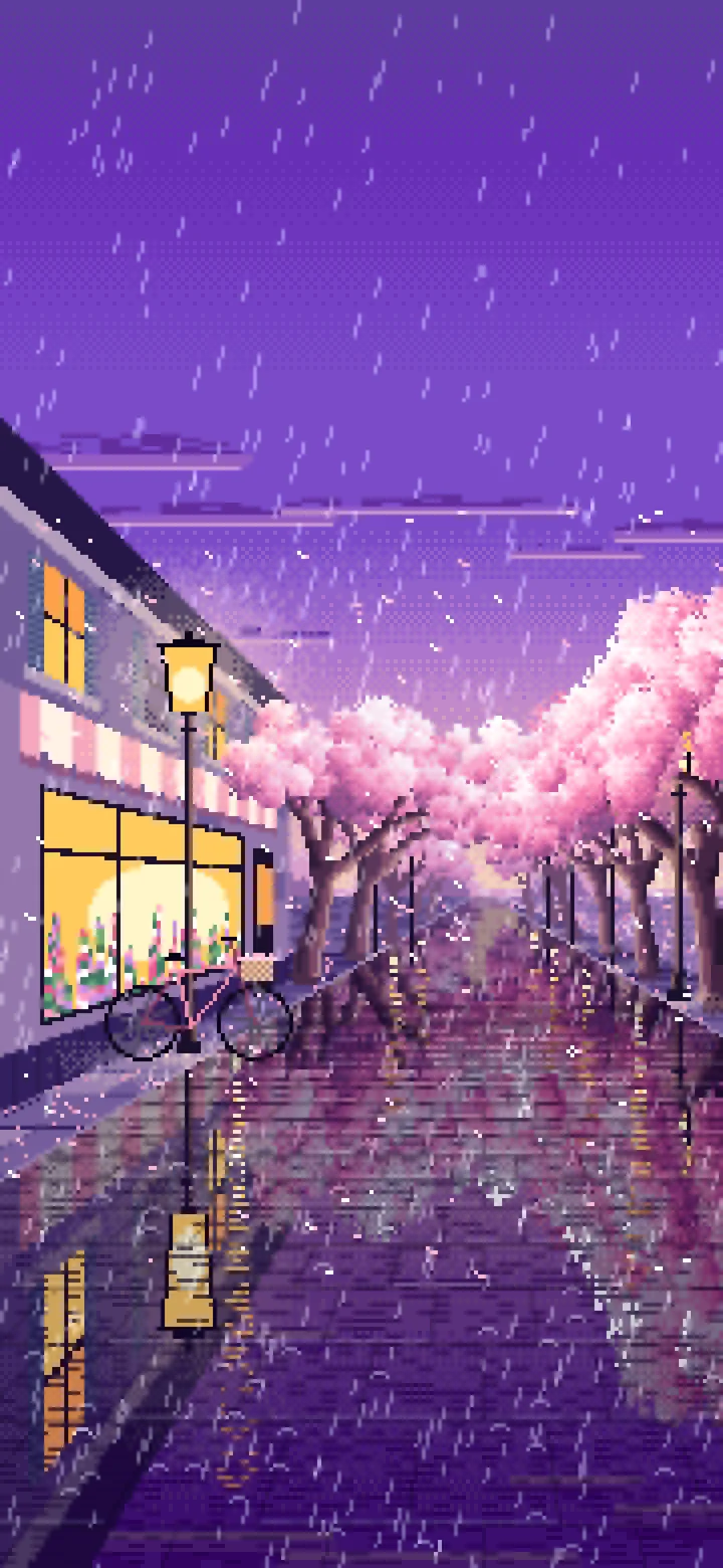 Purple Pixel Art Cherry Blossom Street in the Rain wallpaper for iPhone and Android
