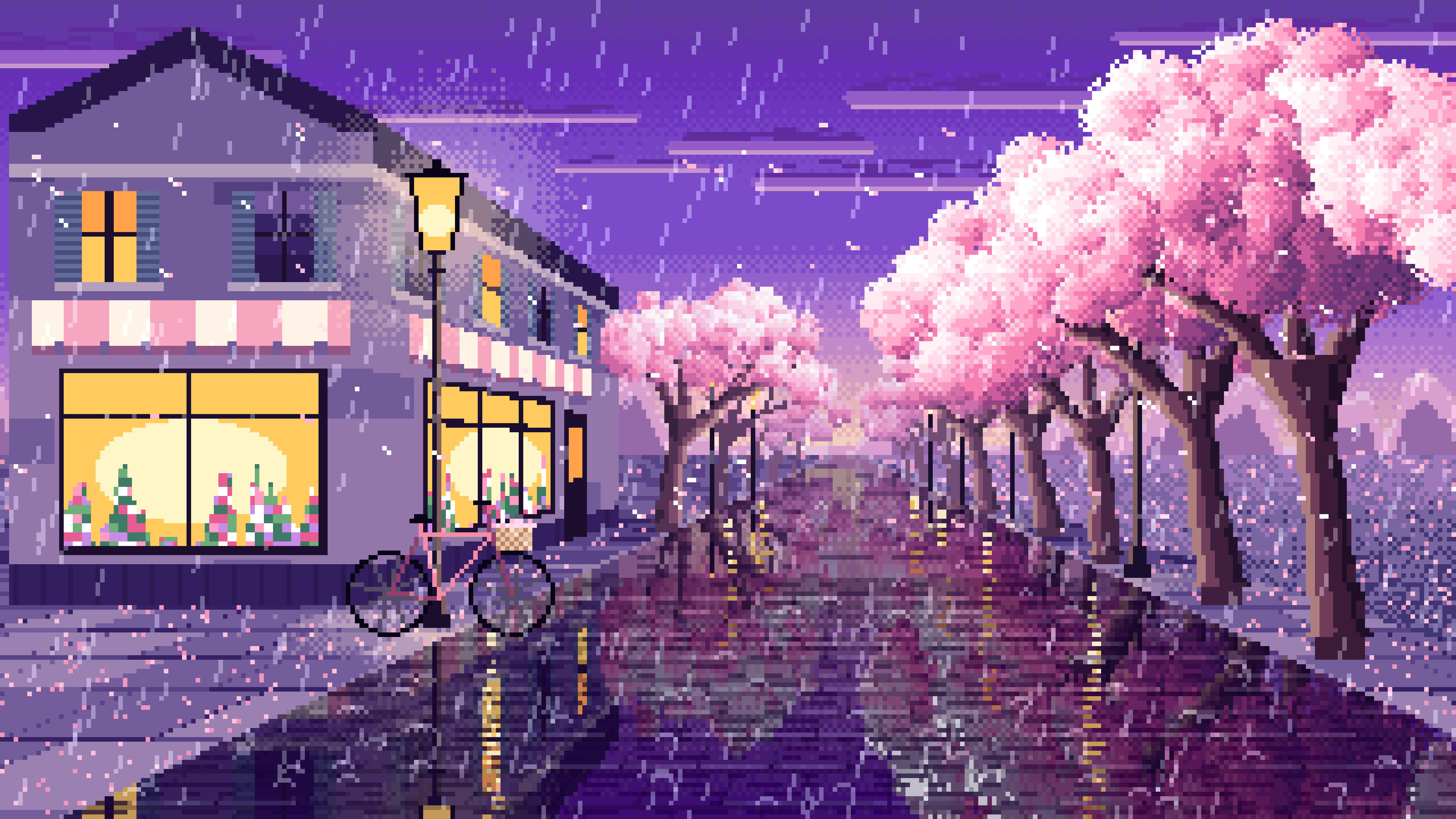 Purple Pixel Art Cherry Blossom Street in the Rain desktop wallpaper in 4K