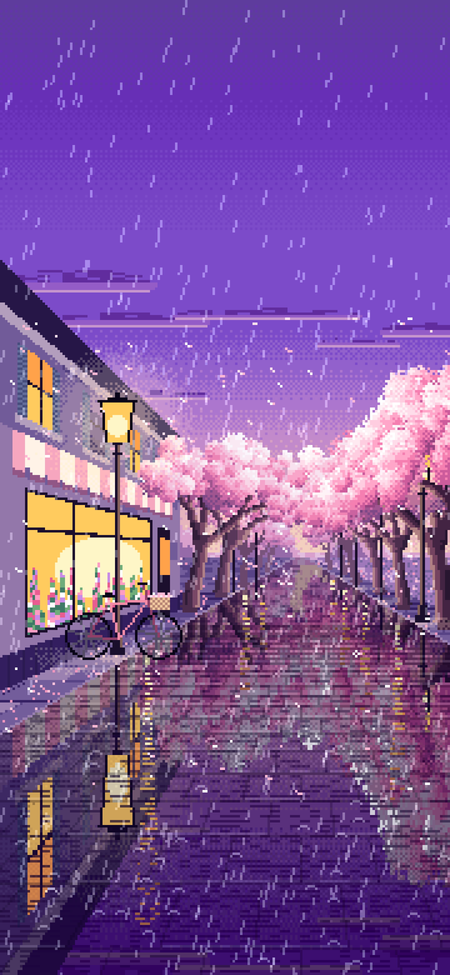 Purple Pixel Art Cherry Blossom Street in the Rain wallpaper for iPhone and Android