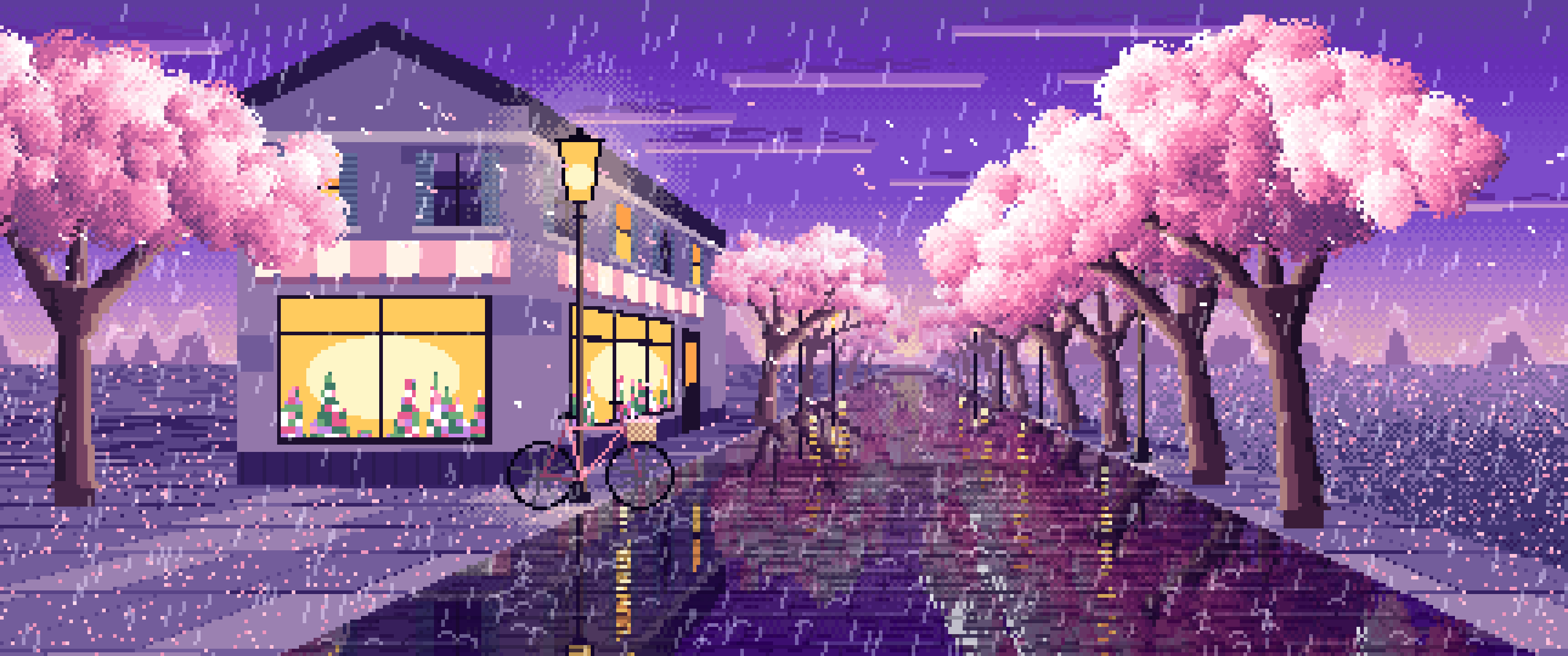 Purple Pixel Art Cherry Blossom Street in the Rain ultrawide wallpaper, 3440 × 1440