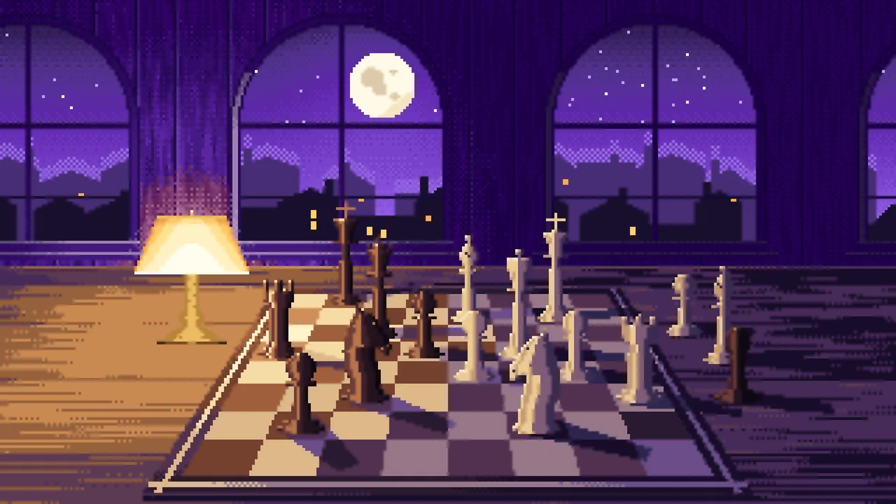 Purple Pixel Art Chess Board by a Moonlit Window desktop wallpaper in 4K