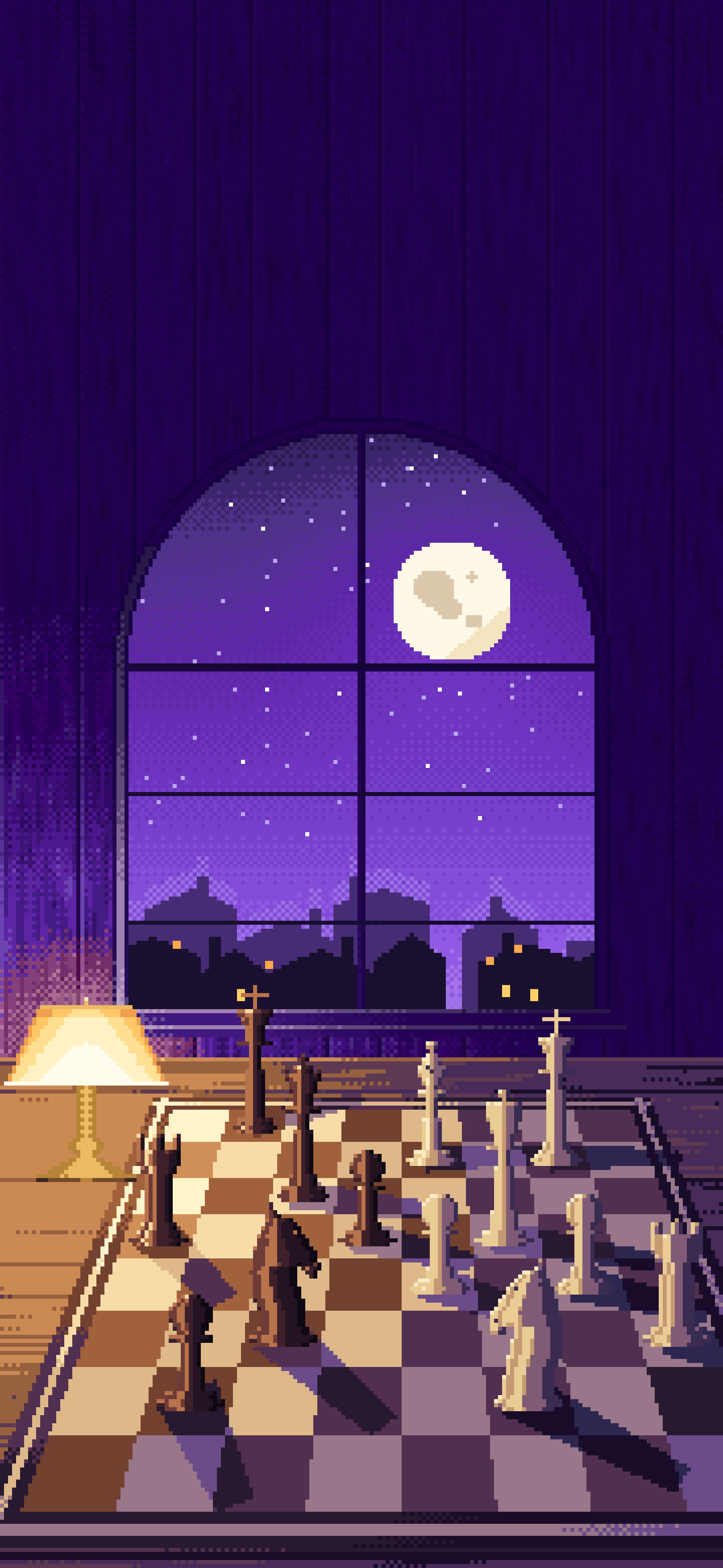 Purple Pixel Art Chess Board by a Moonlit Window wallpaper for iPhone and Android