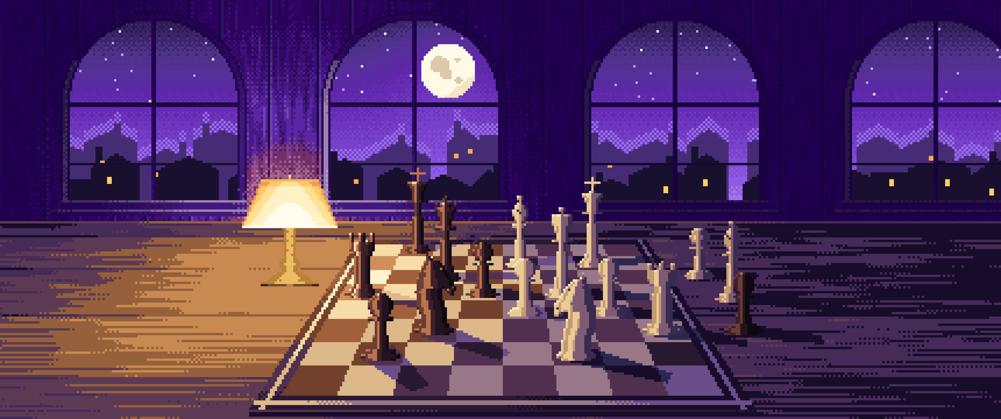 Purple Pixel Art Chess Board by a Moonlit Window ultrawide wallpaper, 3440 × 1440
