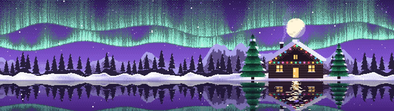 Purple Pixel Art Christmas Cabin dual monitor wallpaper, 7680 × 2160