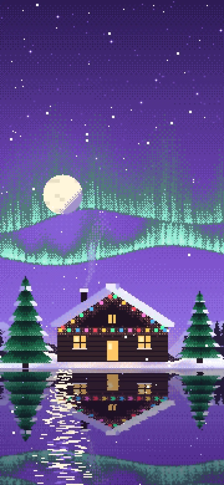 Purple Pixel Art Christmas Cabin wallpaper for iPhone and Android
