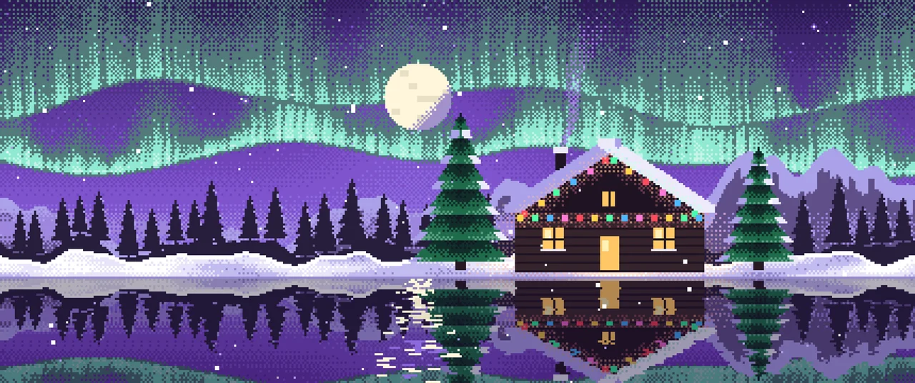 Purple Pixel Art Christmas Cabin ultrawide wallpaper, 3440 × 1440