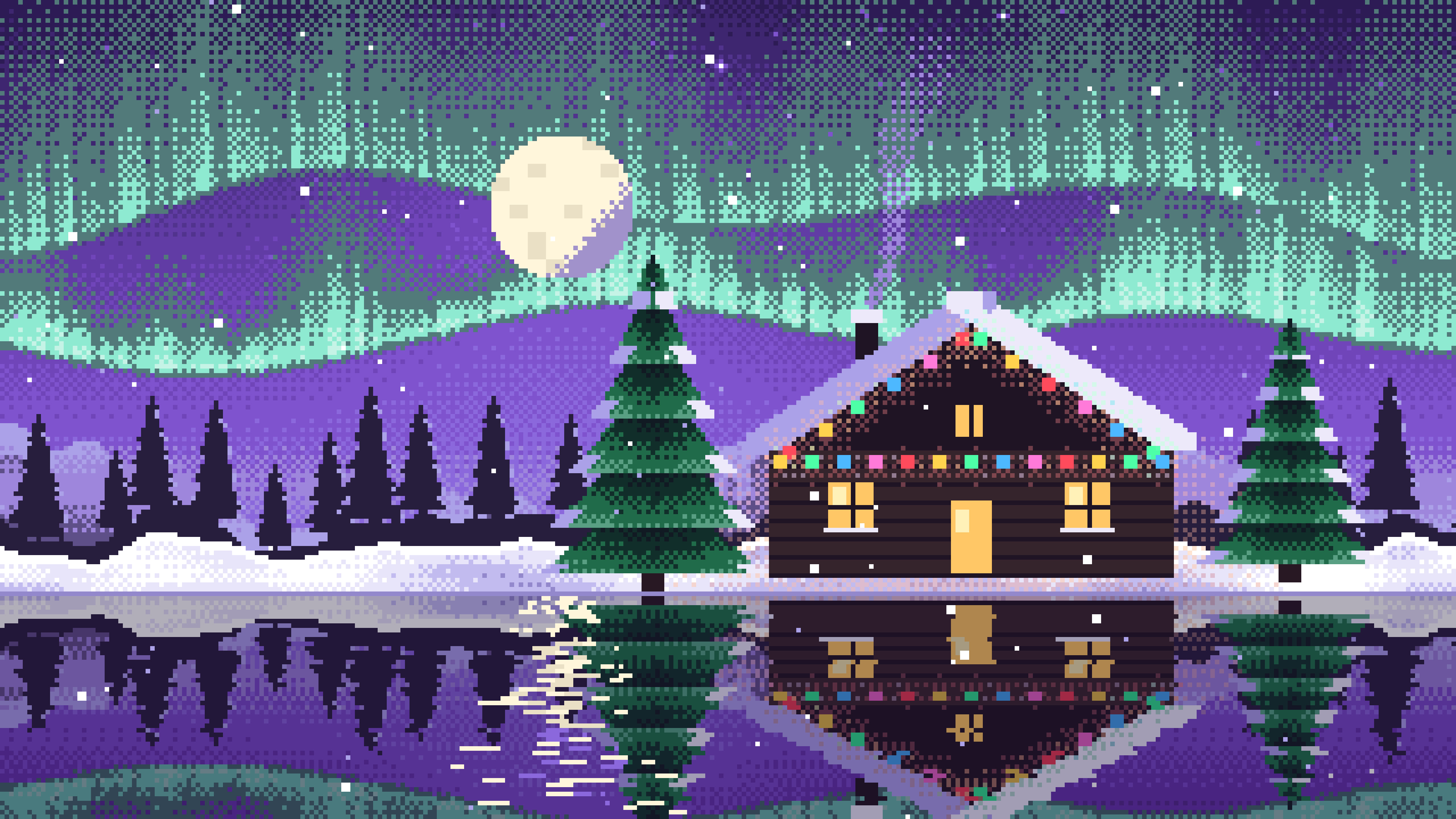 Purple Pixel Art Christmas Cabin desktop wallpaper in 4K