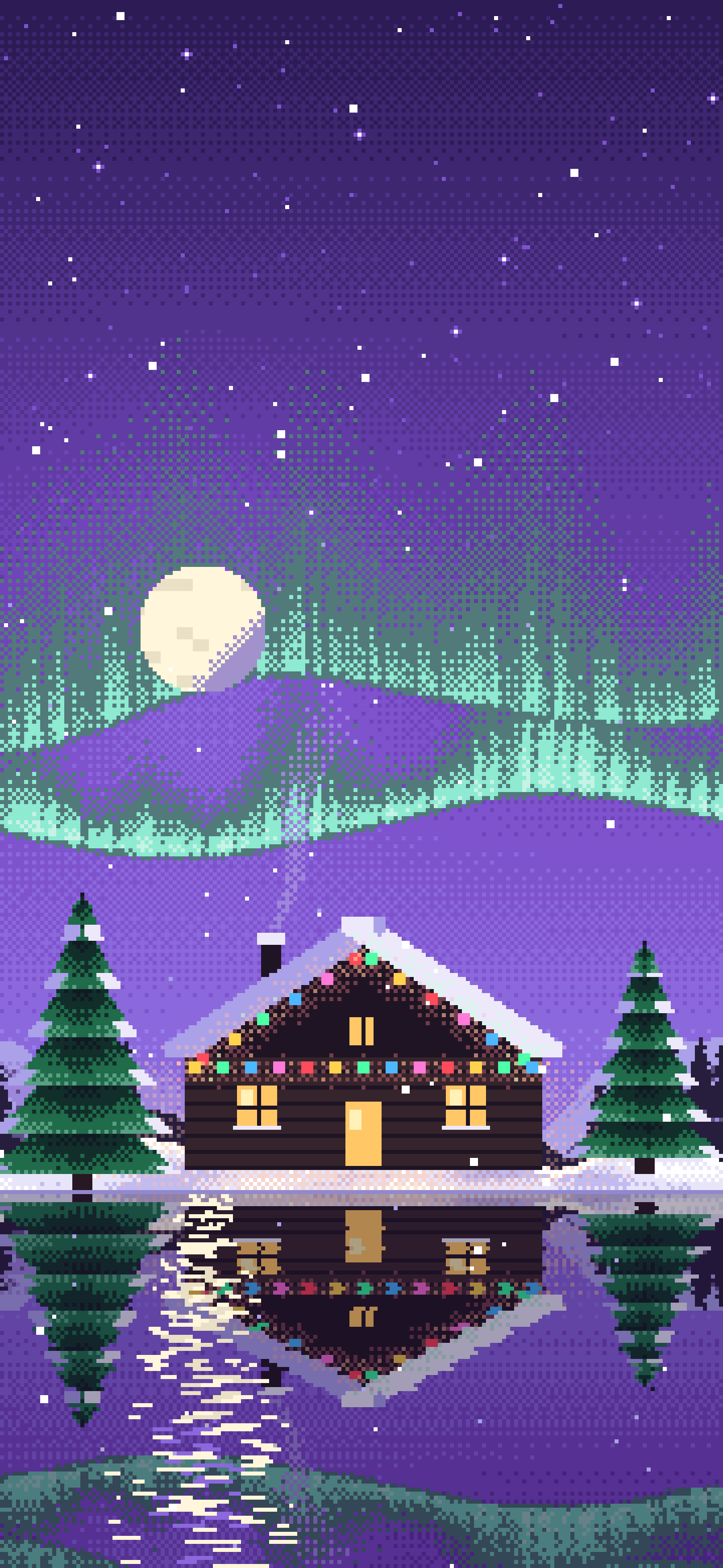 Purple Pixel Art Christmas Cabin wallpaper for iPhone and Android