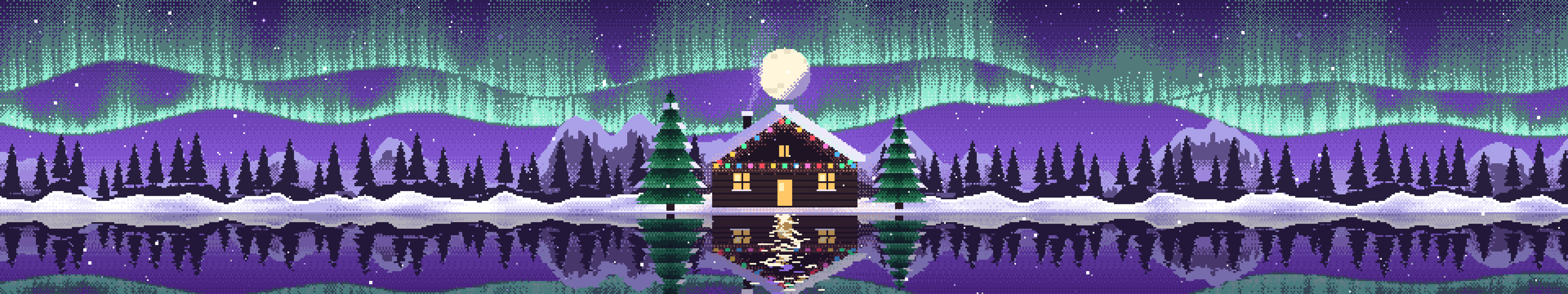 Purple Pixel Art Christmas Cabin triple monitor wallpaper, 7680 × 1440