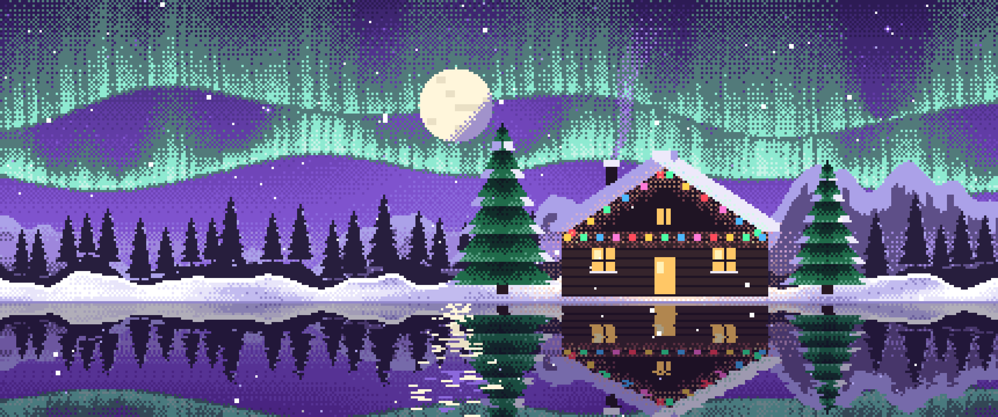 Purple Pixel Art Christmas Cabin ultrawide wallpaper, 3440 × 1440