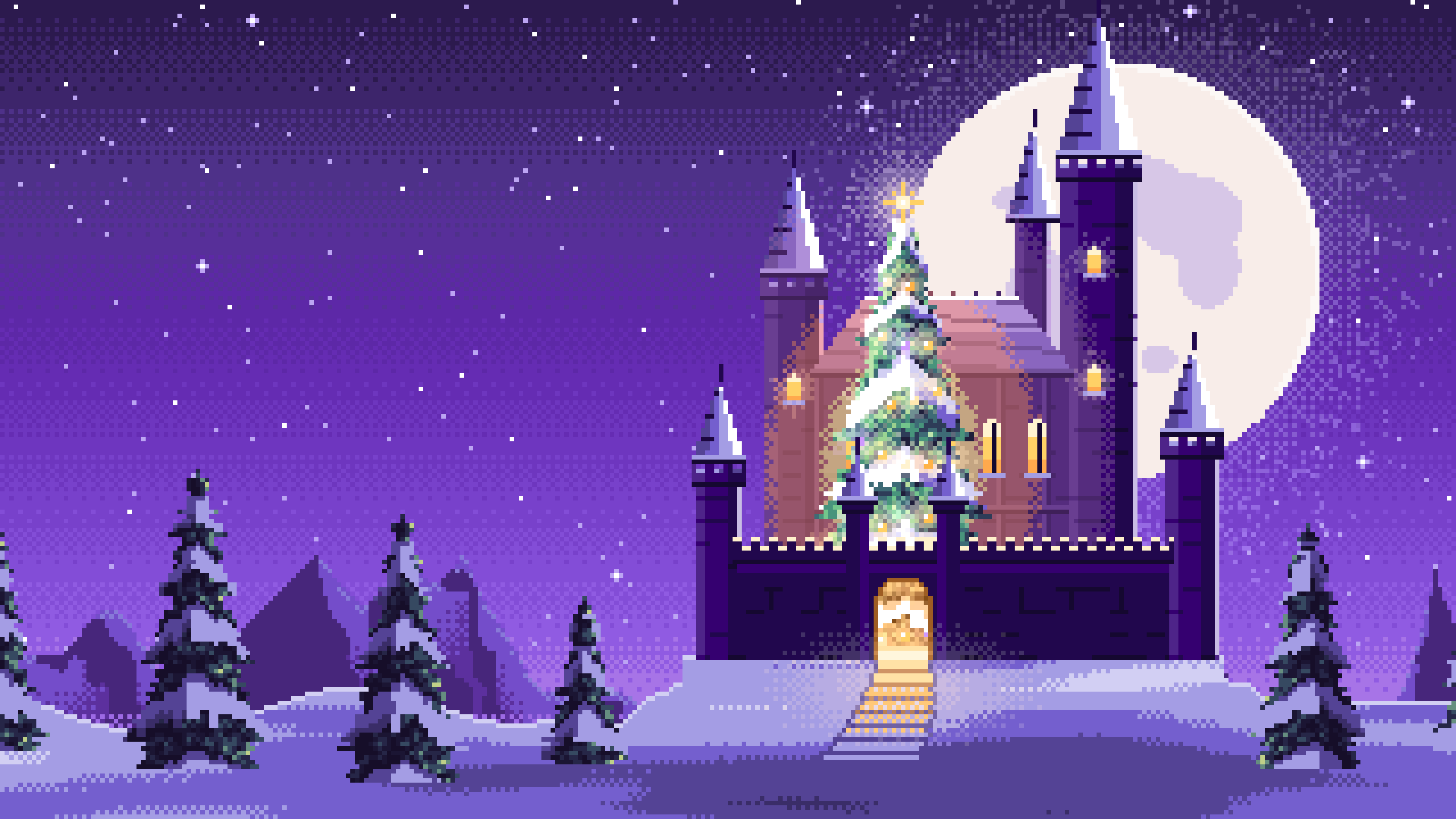 Purple Pixel Art Christmas Castle in the Snow desktop wallpaper in 4K
