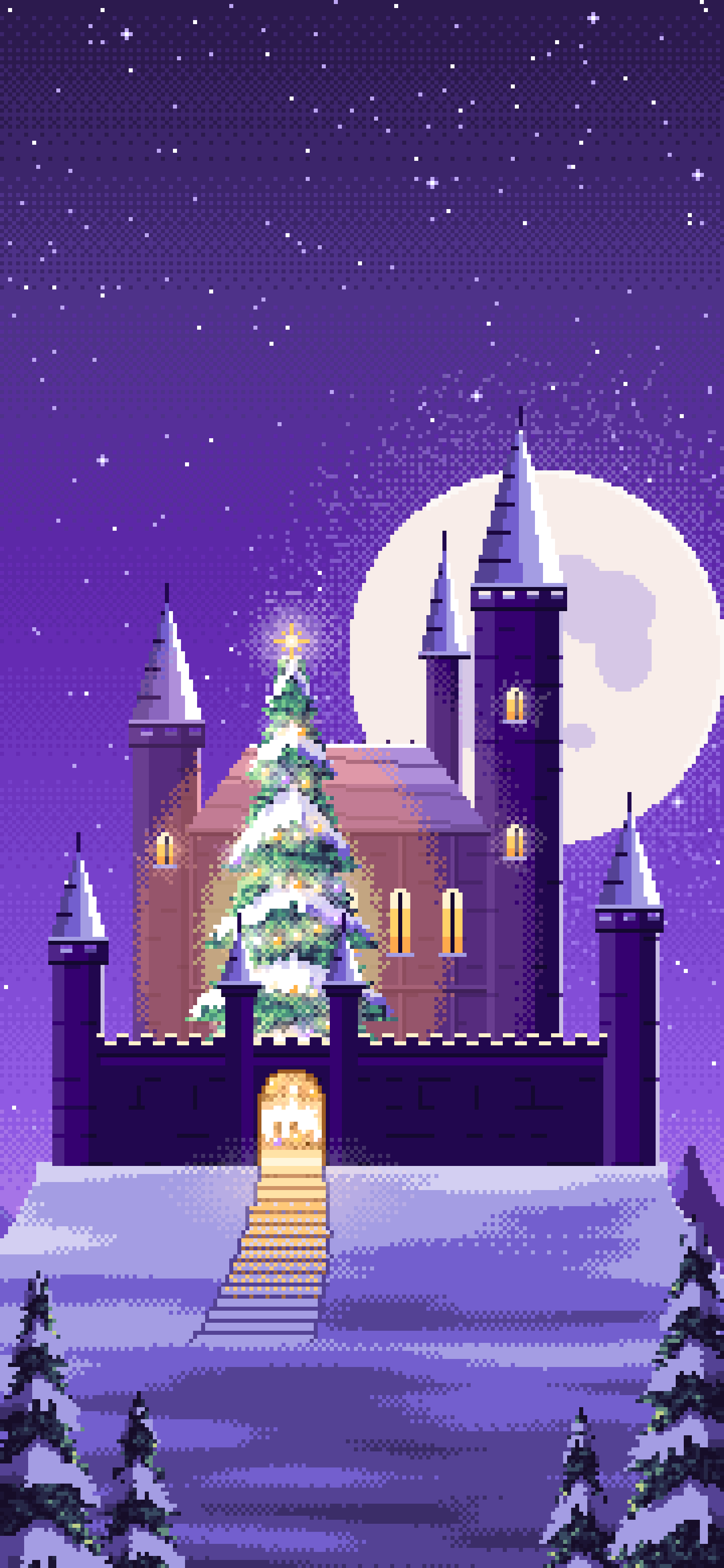 Purple Pixel Art Christmas Castle in the Snow wallpaper for iPhone and Android