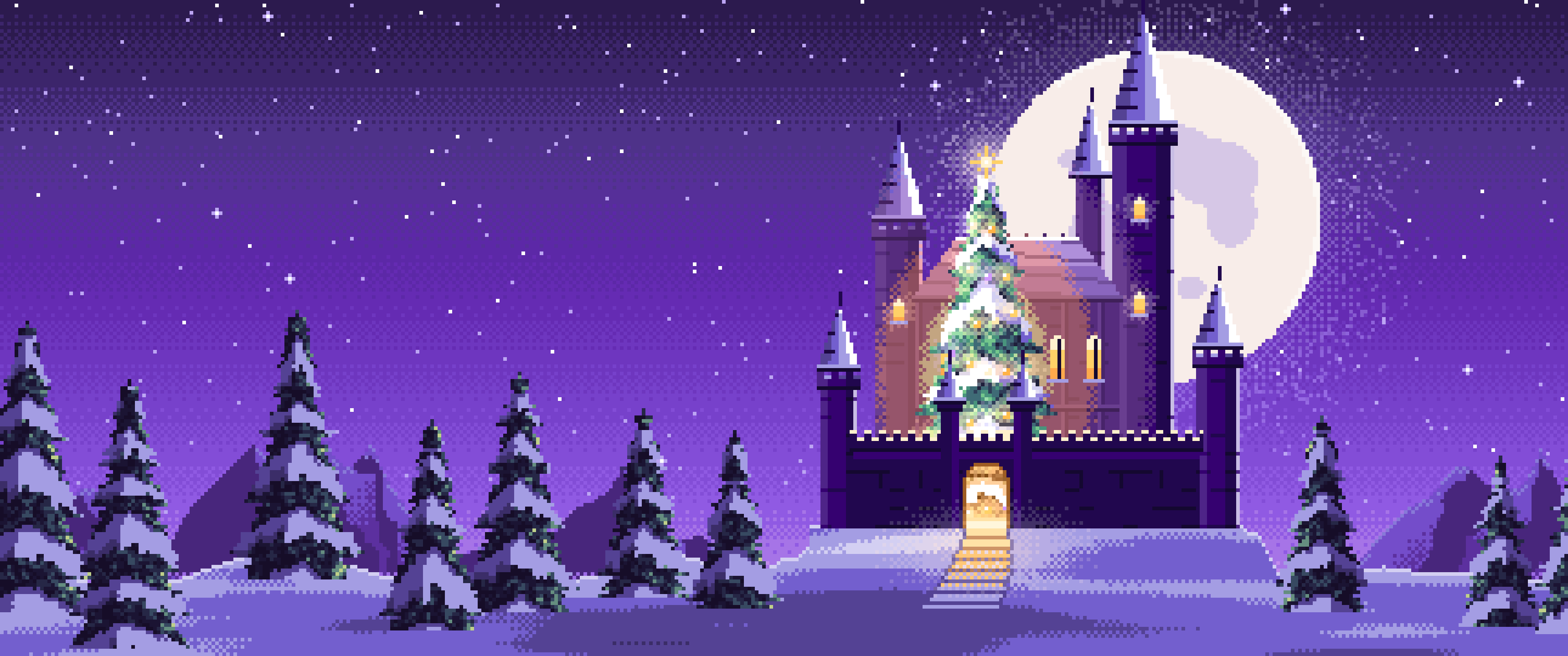 Purple Pixel Art Christmas Castle in the Snow ultrawide wallpaper, 3440 × 1440