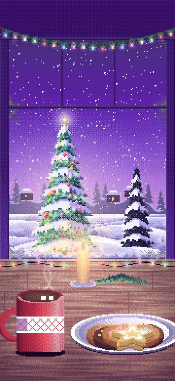 Purple Pixel Art Christmas Cookies by a Snowy Window wallpaper for iPhone and Android