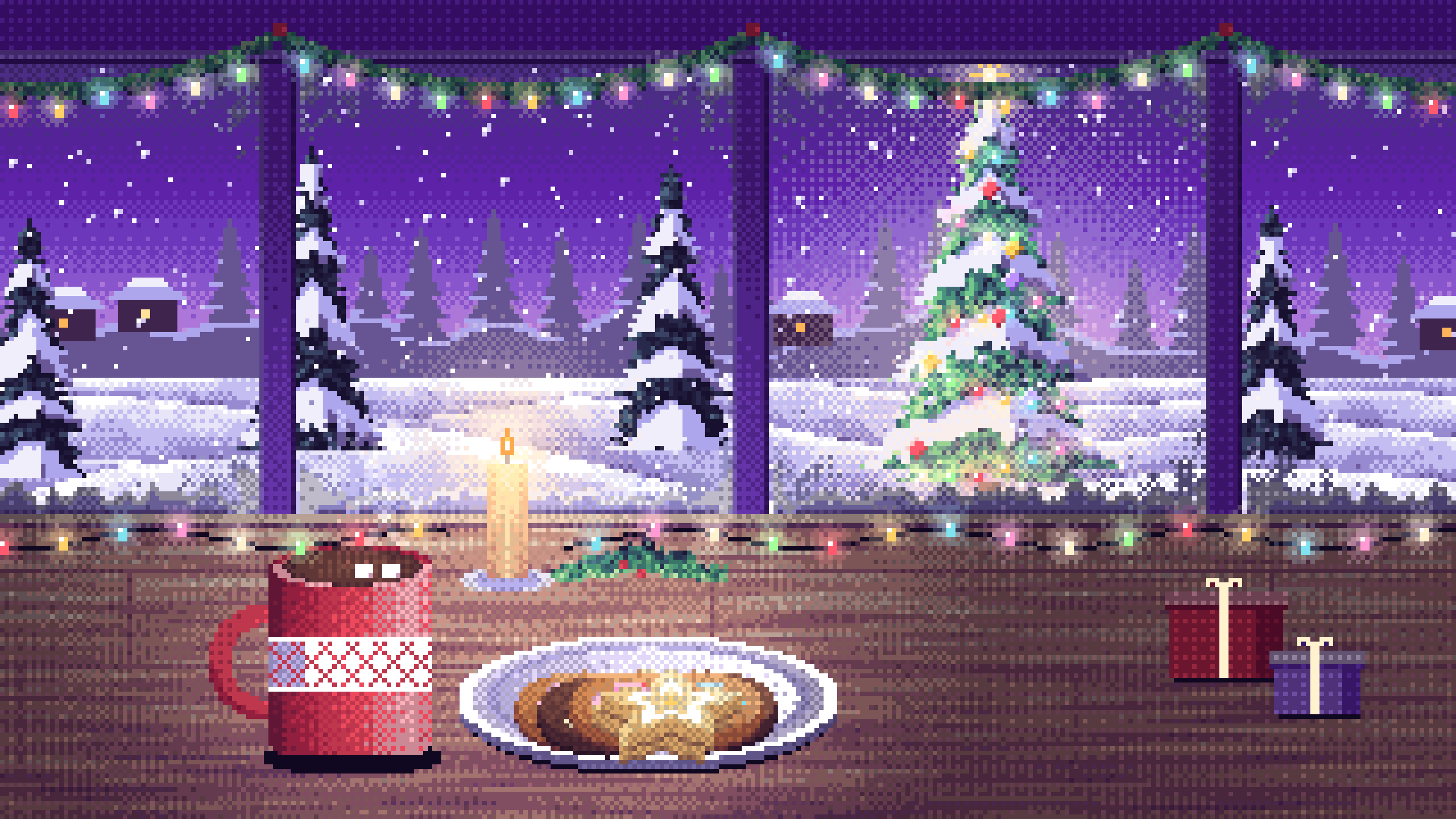 Purple Pixel Art Christmas Cookies by a Snowy Window desktop wallpaper in 4K