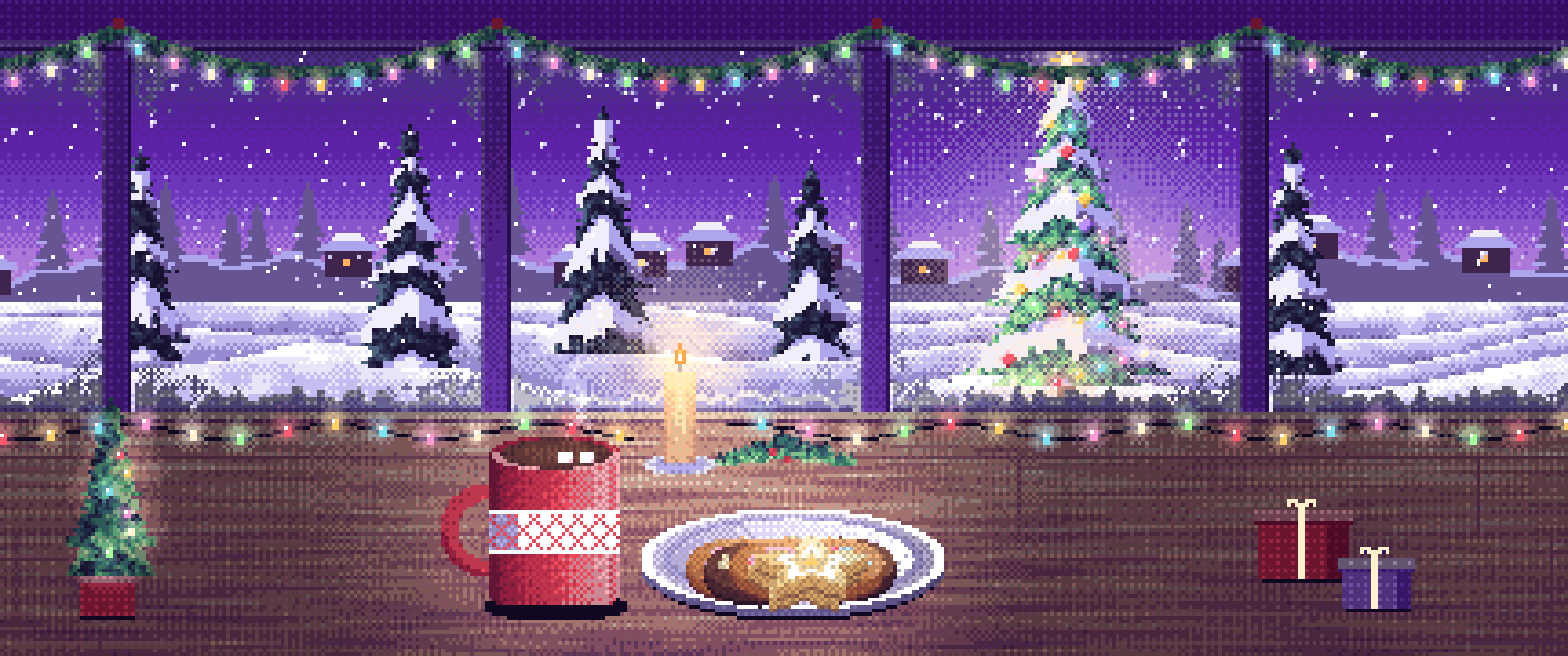 Purple Pixel Art Christmas Cookies by a Snowy Window ultrawide wallpaper, 3440 × 1440