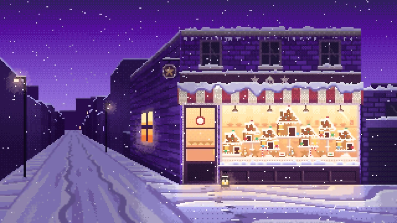 Purple Pixel Art Christmas Gingerbread Bakery desktop wallpaper in 4K