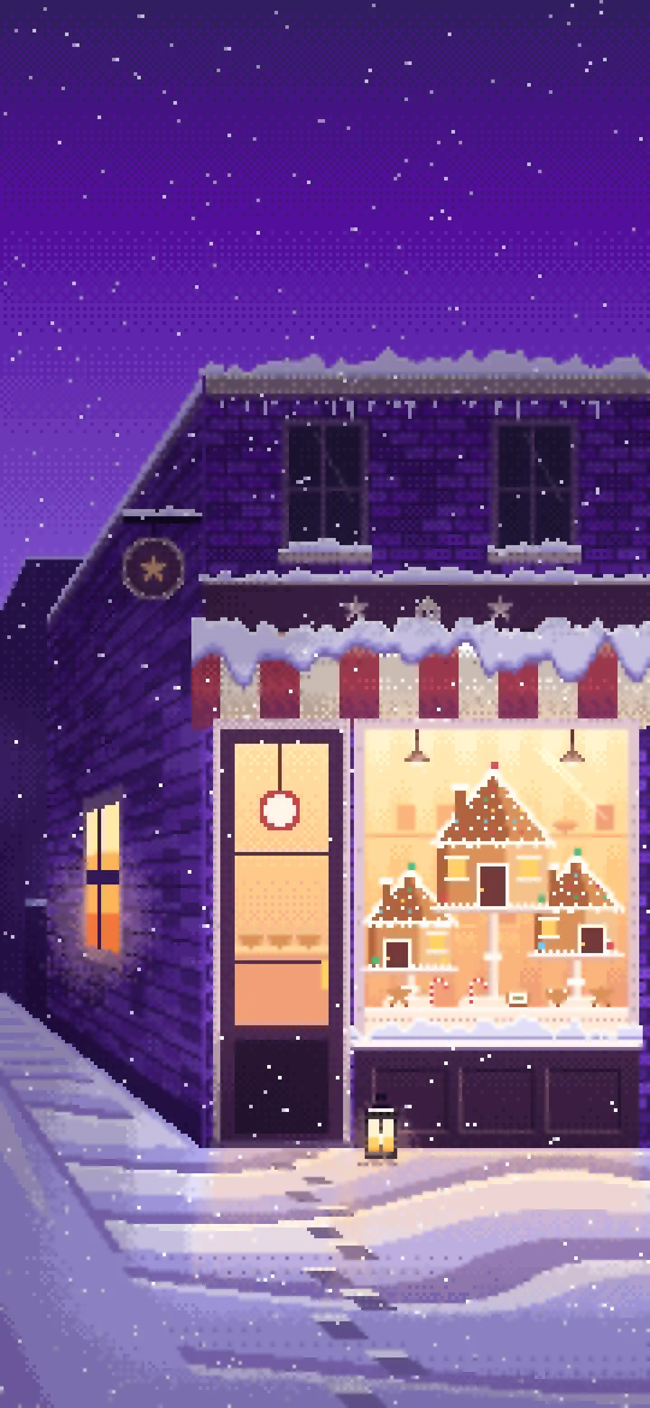 Purple Pixel Art Christmas Gingerbread Bakery wallpaper for iPhone and Android