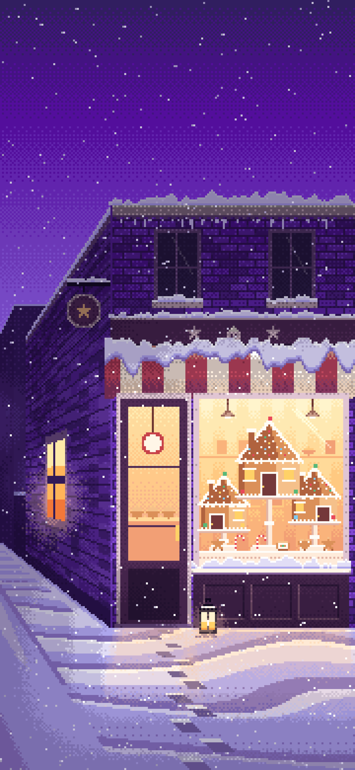 Purple Pixel Art Christmas Gingerbread Bakery wallpaper for iPhone and Android