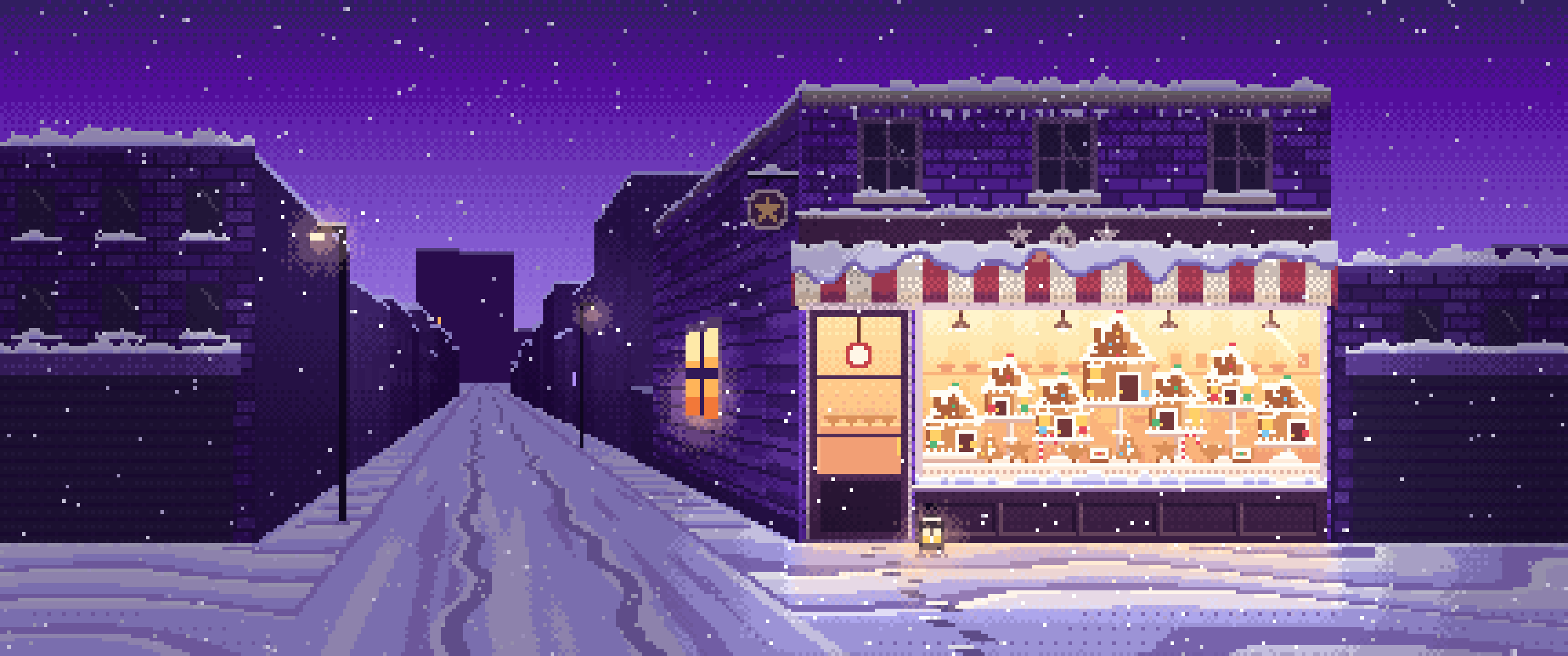 Purple Pixel Art Christmas Gingerbread Bakery ultrawide wallpaper, 3440 × 1440