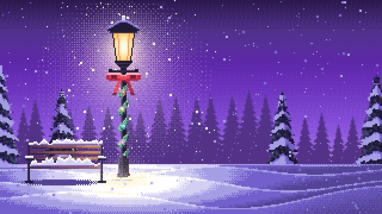 Purple Pixel Art Christmas Lamp Post in the Snow desktop wallpaper in 4K