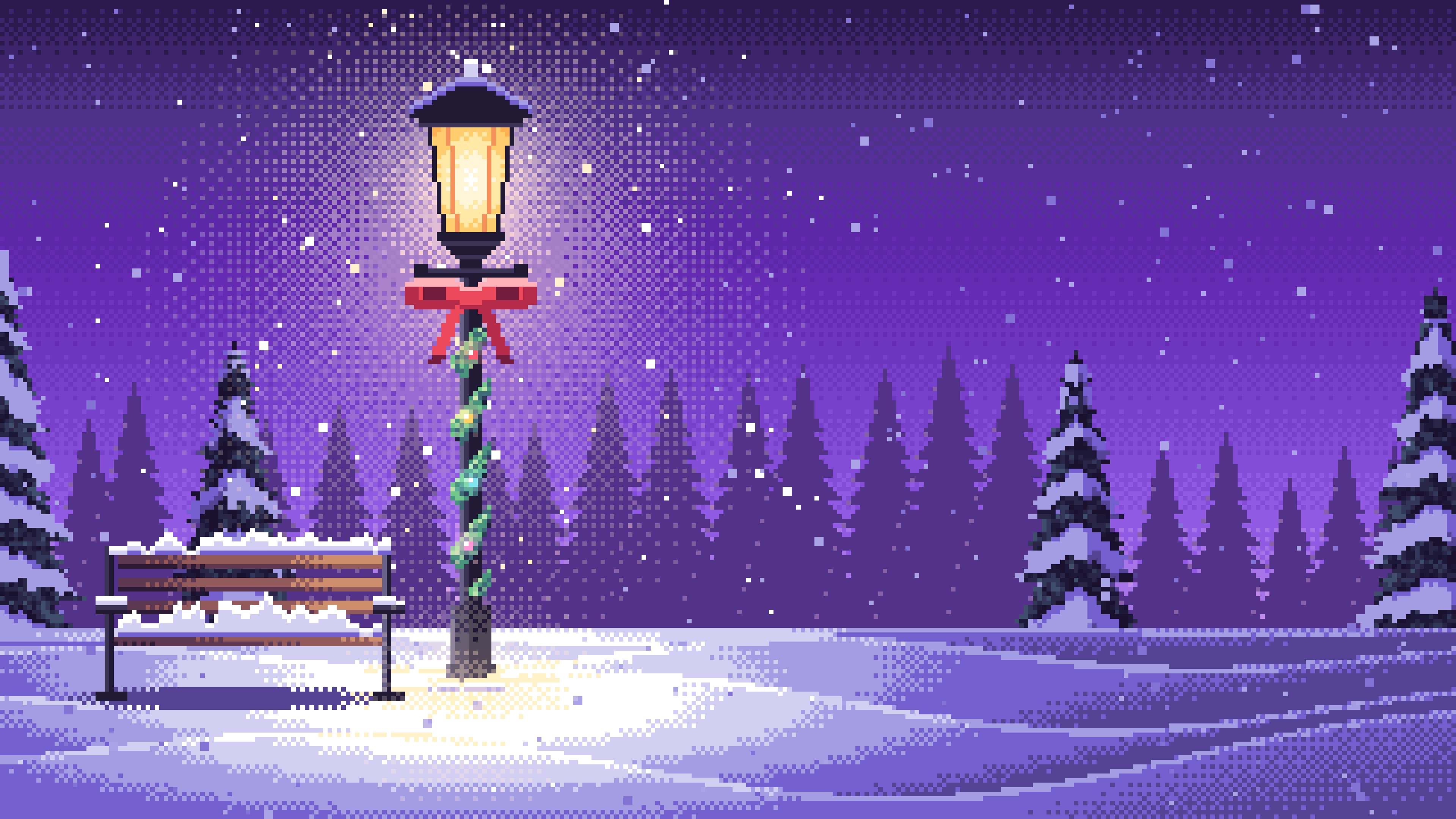 Purple Pixel Art Christmas Lamp Post in the Snow desktop wallpaper in 4K