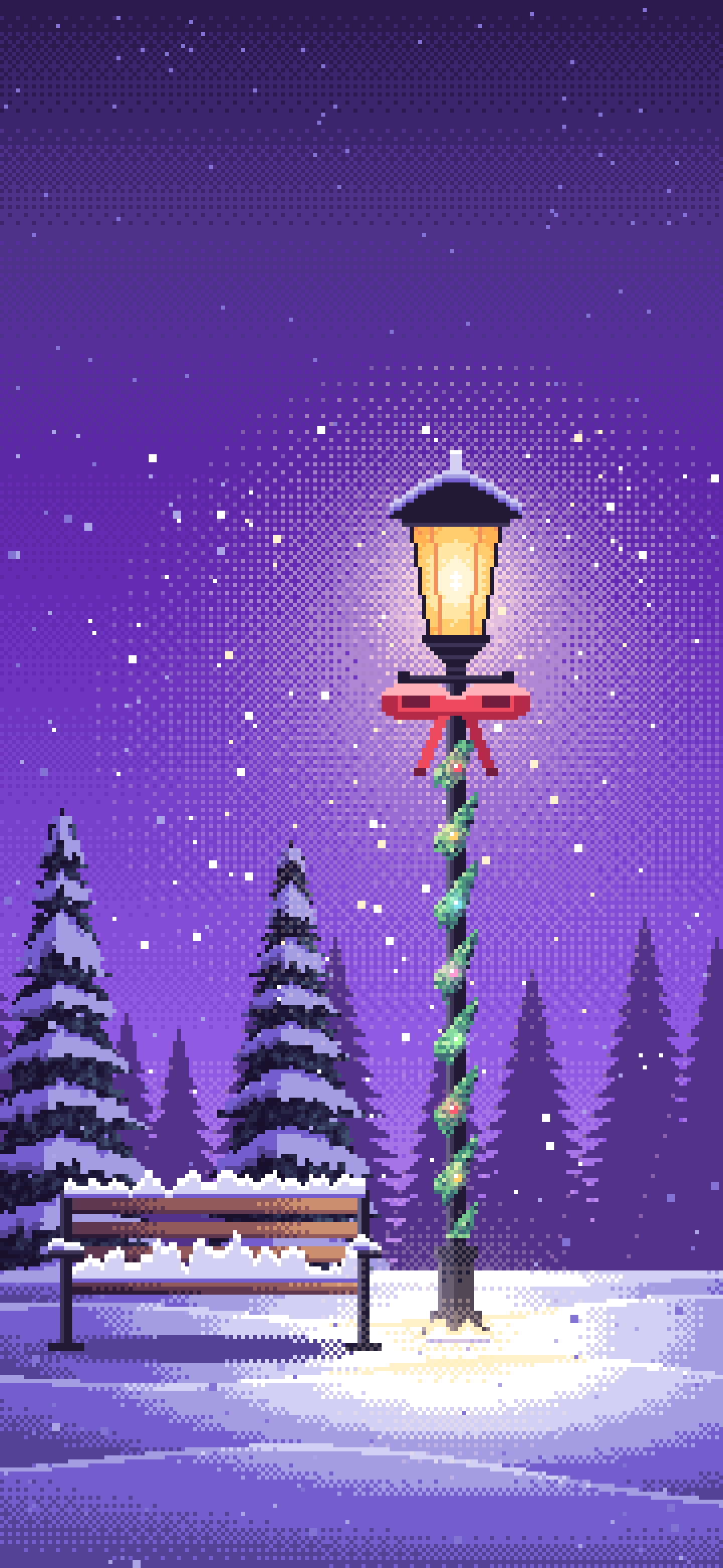 Purple Pixel Art Christmas Lamp Post in the Snow wallpaper for iPhone and Android