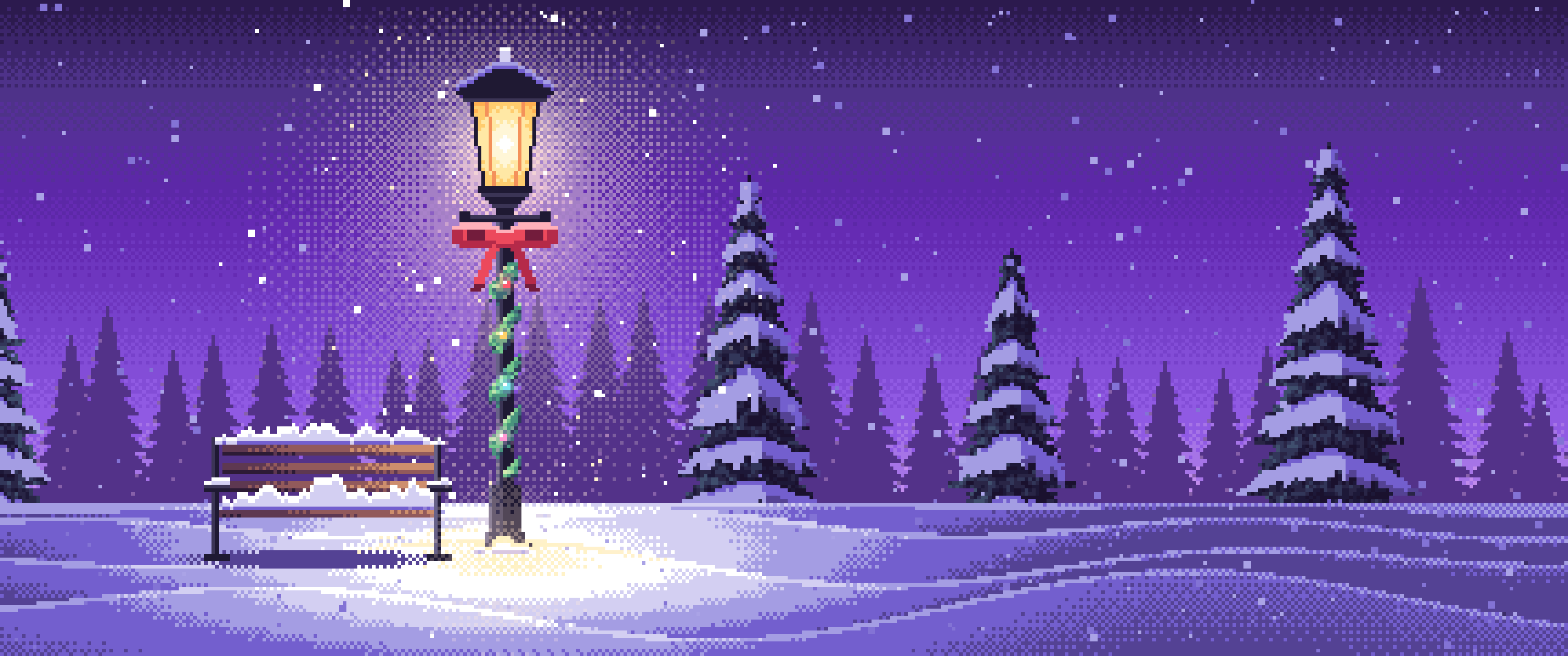 Purple Pixel Art Christmas Lamp Post in the Snow ultrawide wallpaper, 3440 × 1440