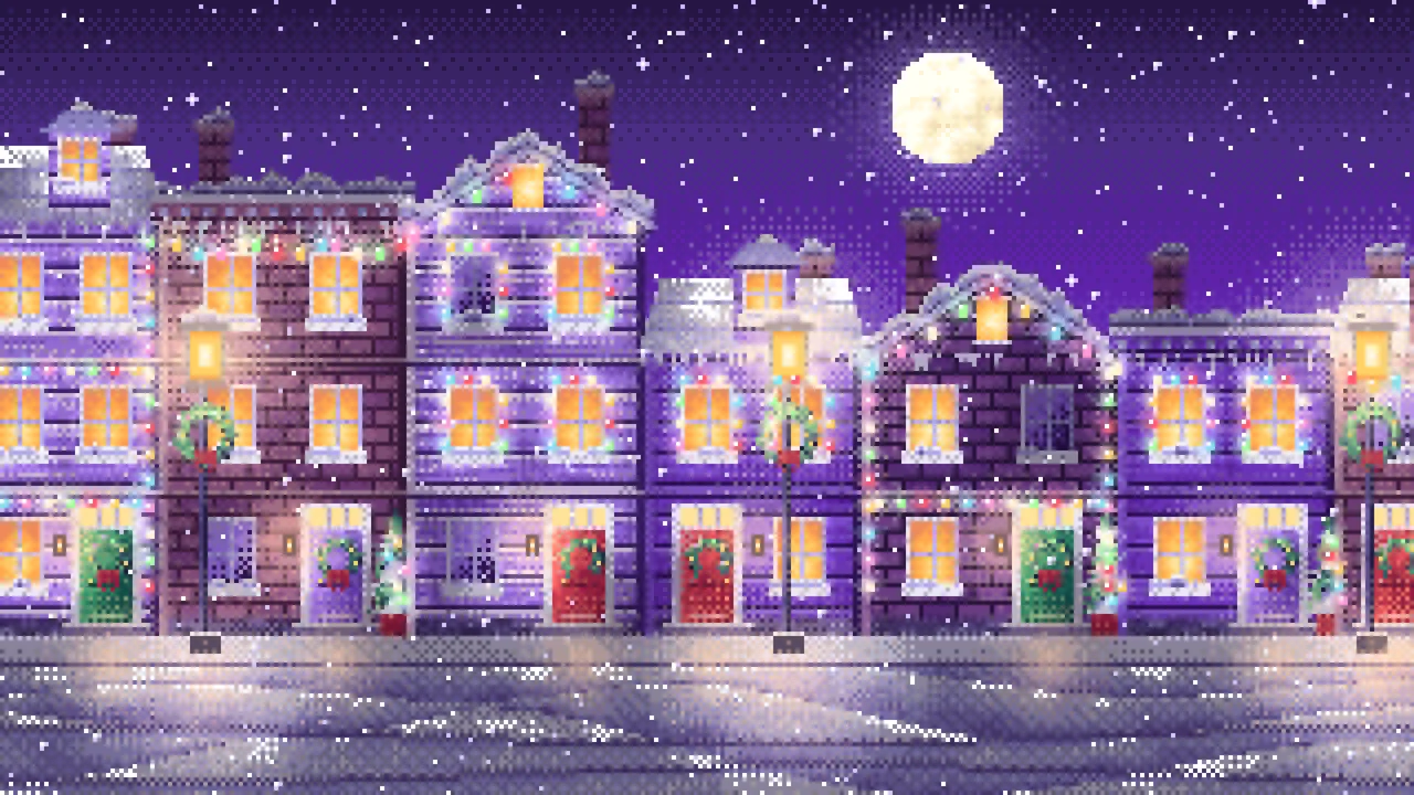 Purple Pixel Art Christmas Lights Street at Night desktop wallpaper in 4K