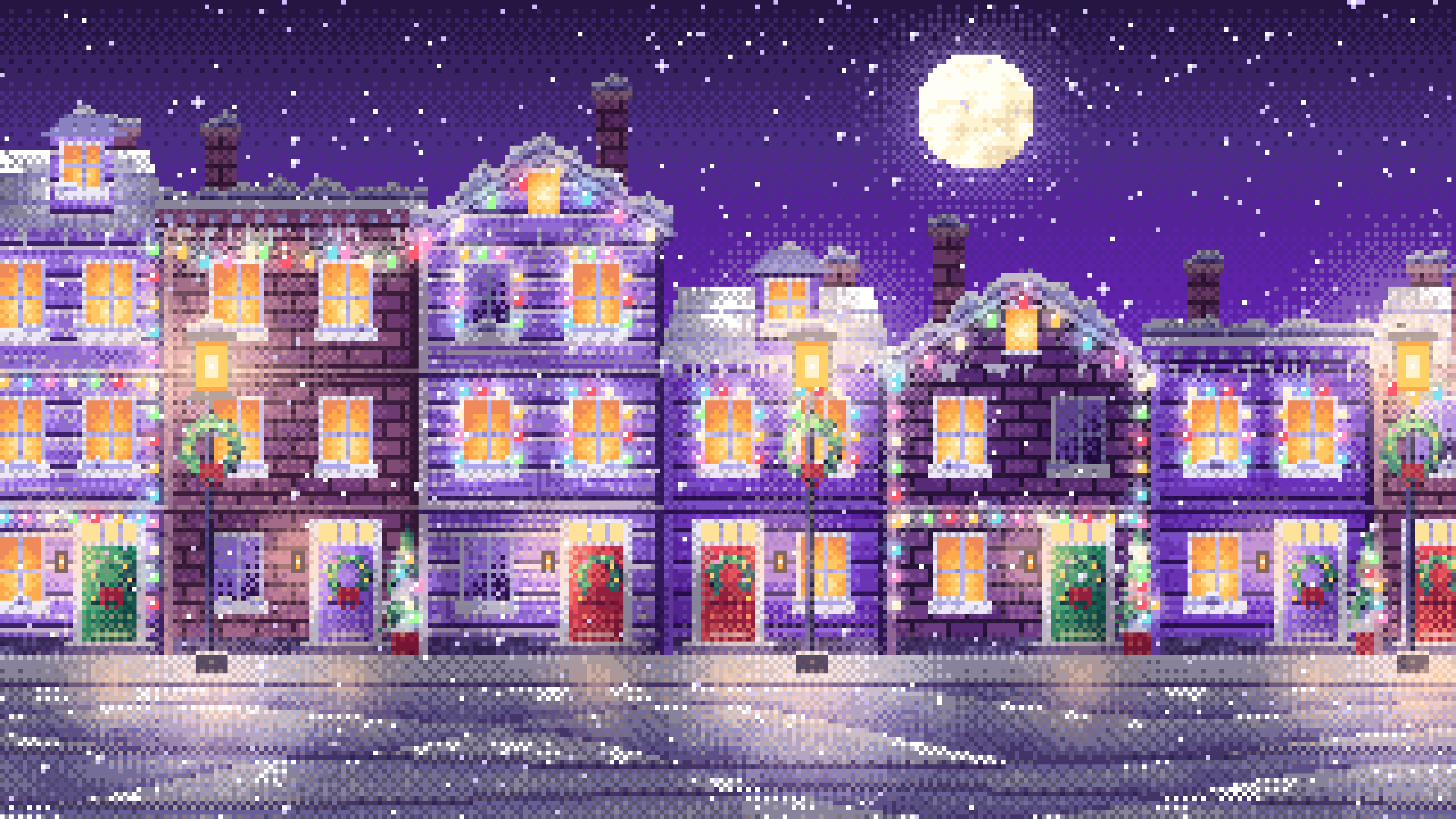 Purple Pixel Art Christmas Lights Street at Night desktop wallpaper in 4K