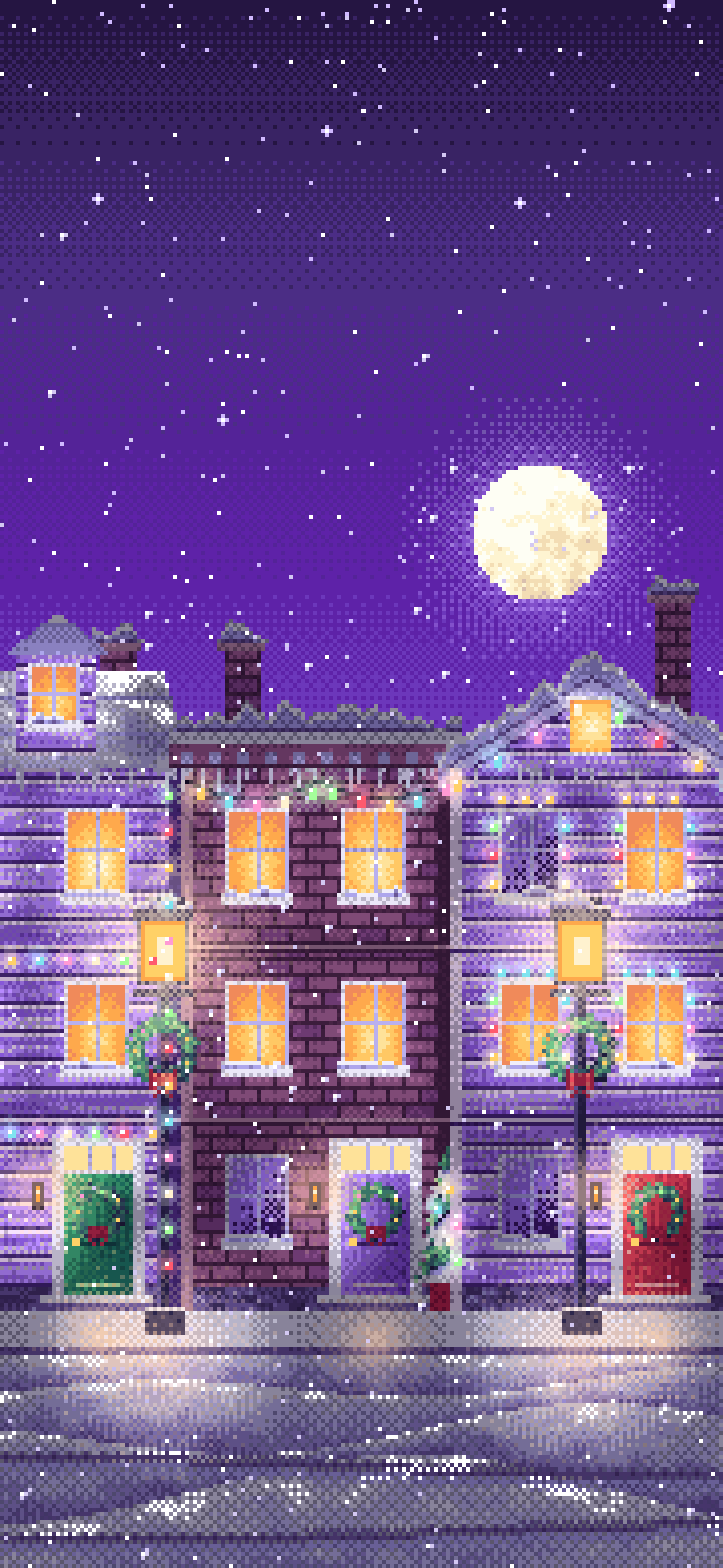 Purple Pixel Art Christmas Lights Street at Night wallpaper for iPhone and Android