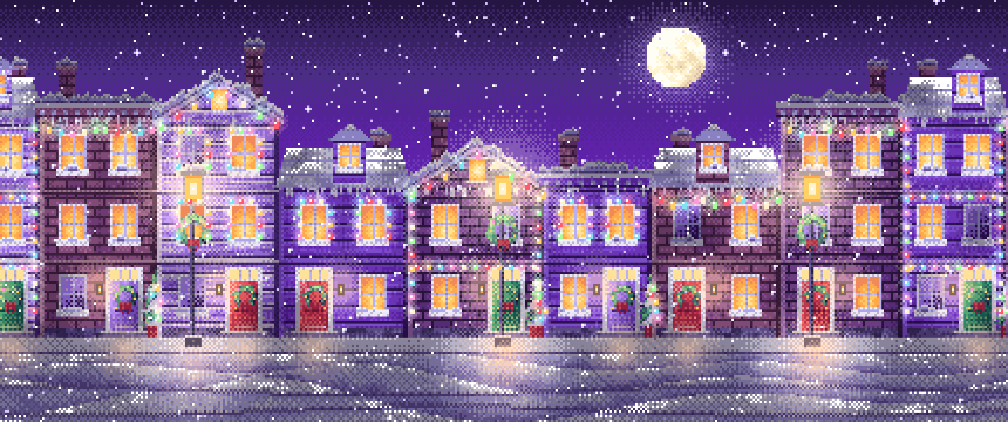 Purple Pixel Art Christmas Lights Street at Night ultrawide wallpaper, 3440 × 1440